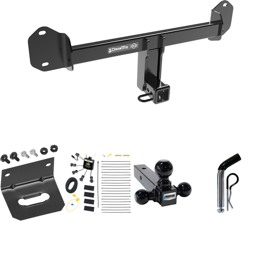 Se adapta al paquete de enganche de remolque BMW X4 2019-2023 con arnés de cableado de 4 contactos planos "sin empalme" + soporte de bola triple de 1-7/8", 2" y 2-5/16" + pasador/clip + Soporte de cableado de Draw-Tite