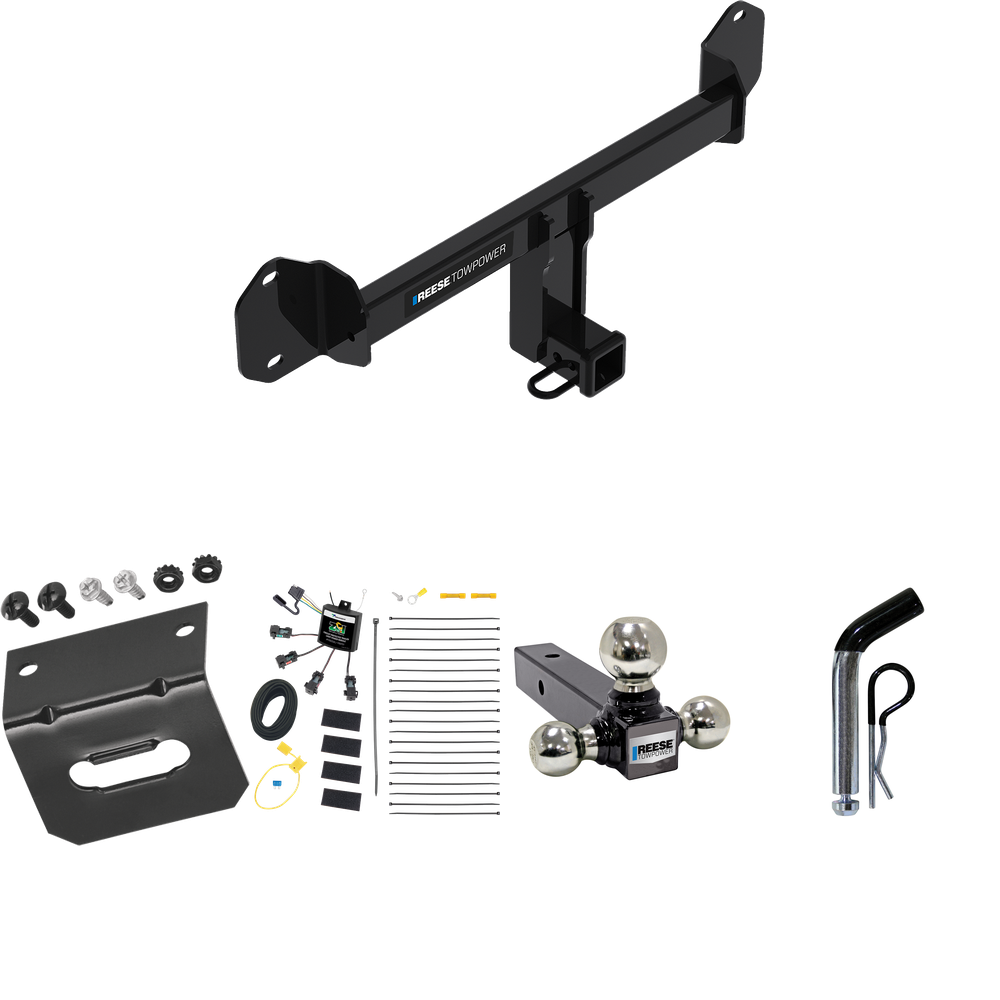 Fits 2019-2023 BMW X4 Trailer Hitch Tow PKG w/ 4-Flat Zero Contact "No Splice" Wiring Harness + Triple Ball Ball Mount 1-7/8" & 2" & 2-5/16" Trailer Balls + Pin/Clip + Wiring Bracket By Reese Towpower