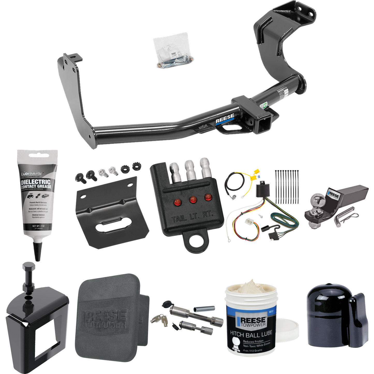 Fits 2016-2021 Mitsubishi Outlander Trailer Hitch Tow PKG w/ 4-Flat Wiring + Starter Kit Ball Mount w/ 2" Drop & 2" Ball + 1-7/8" Ball + Wiring Bracket + Dual Hitch & Coupler Locks + Hitch Cover + Wiring Tester + Ball Lube + Electric Grease + Ball Wr