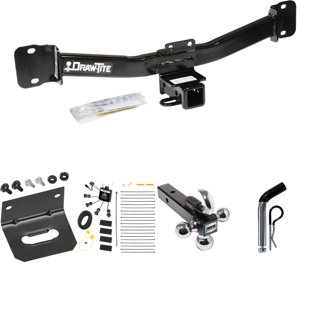 Fits 2004-2010 BMW X3 Trailer Hitch Tow PKG w/ 4-Flat Zero Contact "No Splice" Wiring Harness + Triple Ball Ball Mount 1-7/8" & 2" & 2-5/16" Trailer Balls w/ Tow Hook + Pin/Clip + Wiring Bracket By Draw-Tite