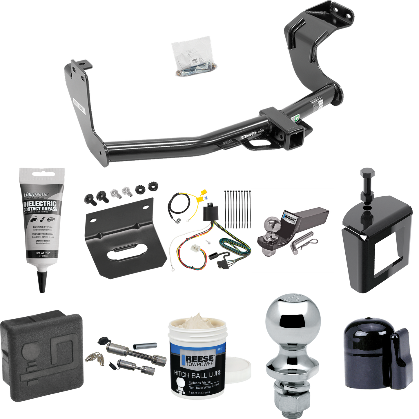 Fits 2016-2021 Mitsubishi Outlander Trailer Hitch Tow PKG w/ 4-Flat Wiring + Starter Kit Ball Mount w/ 2" Drop & 2" Ball + 1-7/8" Ball + Wiring Bracket + Dual Hitch & Coupler Locks + Hitch Cover + Wiring Tester + Ball Lube +Electric Grease + Ball Wre