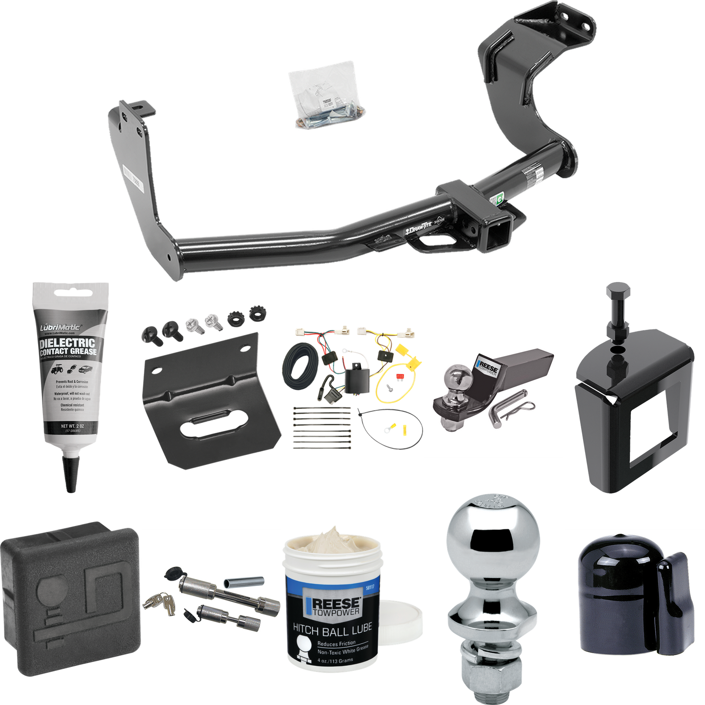 Fits 2014-2015 Mitsubishi Outlander Trailer Hitch Tow PKG w/ 4-Flat Wiring + Starter Kit Ball Mount w/ 2" Drop & 2" Ball + 1-7/8" Ball + Wiring Bracket + Dual Hitch & Coupler Locks + Hitch Cover + Wiring Tester + Ball Lube +Electric Grease + Ball Wre