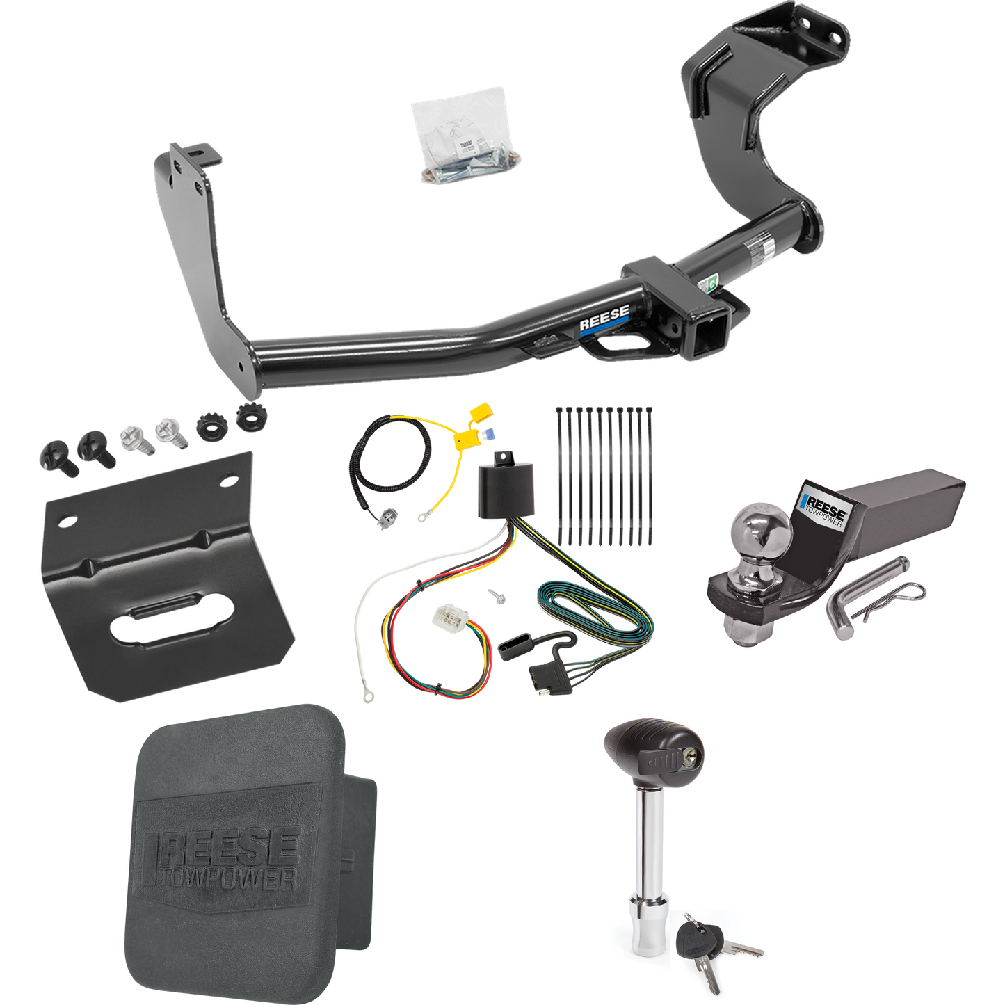 Fits 2016-2021 Mitsubishi Outlander Trailer Hitch Tow PKG w/ 4-Flat Wiring + Starter Kit Ball Mount w/ 2" Drop & 2" Ball + 1-7/8" Ball + Wiring Bracket + Hitch Lock + Hitch Cover (Excludes: Outlander Sport or PHEV Models) By Reese Towpower