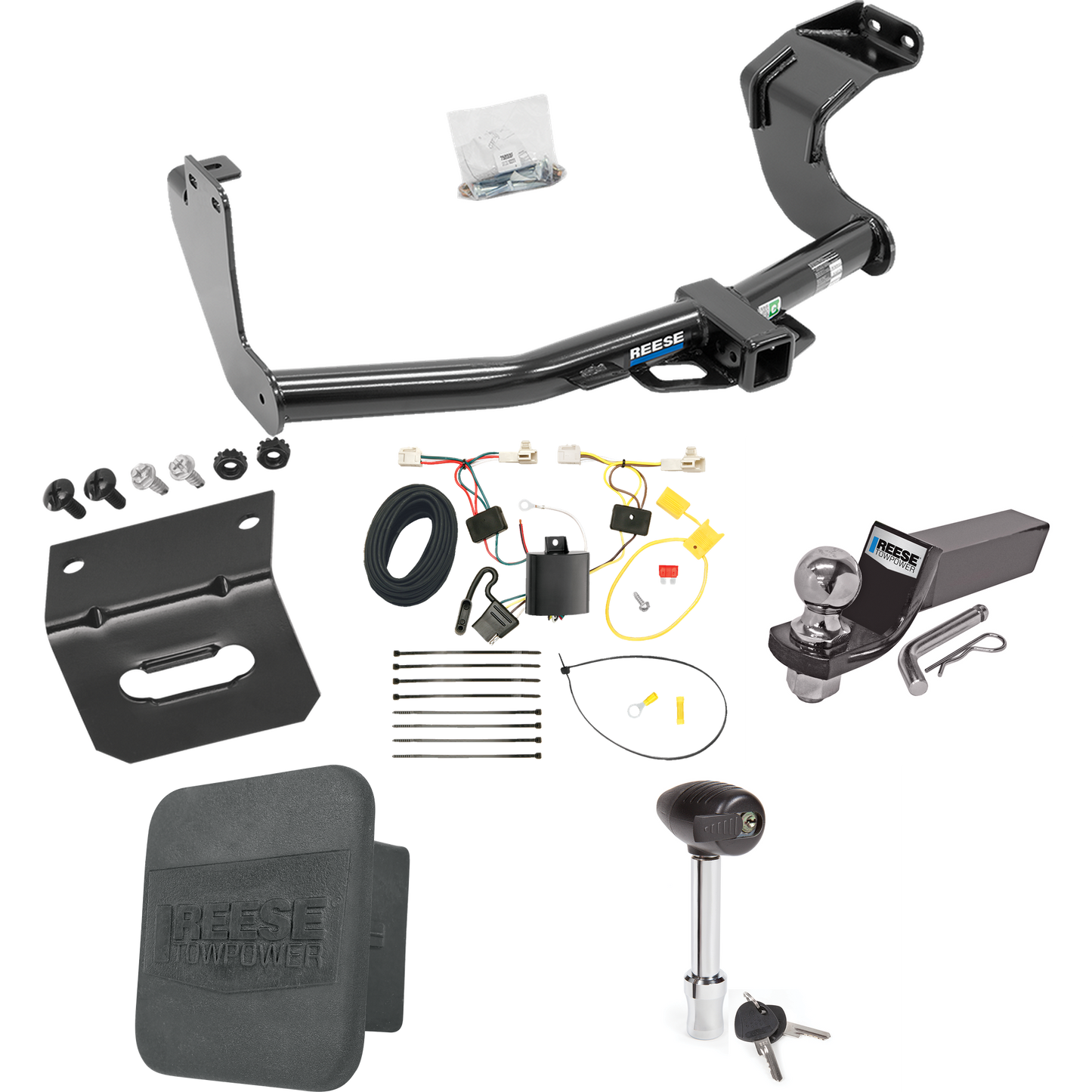 Fits 2014-2015 Mitsubishi Outlander Trailer Hitch Tow PKG w/ 4-Flat Wiring + Starter Kit Ball Mount w/ 2" Drop & 2" Ball + 1-7/8" Ball + Wiring Bracket + Hitch Lock + Hitch Cover (Excludes: Outlander Sport or PHEV Models) By Reese Towpower