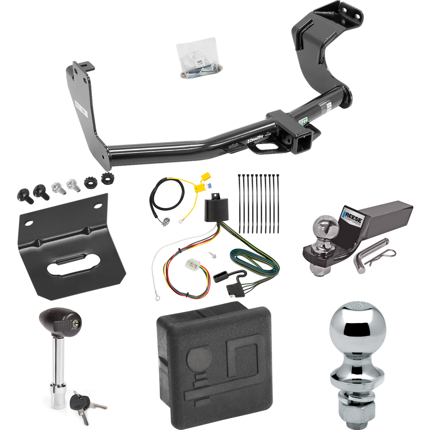 Fits 2016-2021 Mitsubishi Outlander Trailer Hitch Tow PKG w/ 4-Flat Wiring + Starter Kit Ball Mount w/ 2" Drop & 2" Ball + 1-7/8" Ball + Wiring Bracket + Hitch Lock + Hitch Cover (Excludes: Outlander Sport or PHEV Models) By Draw-Tite