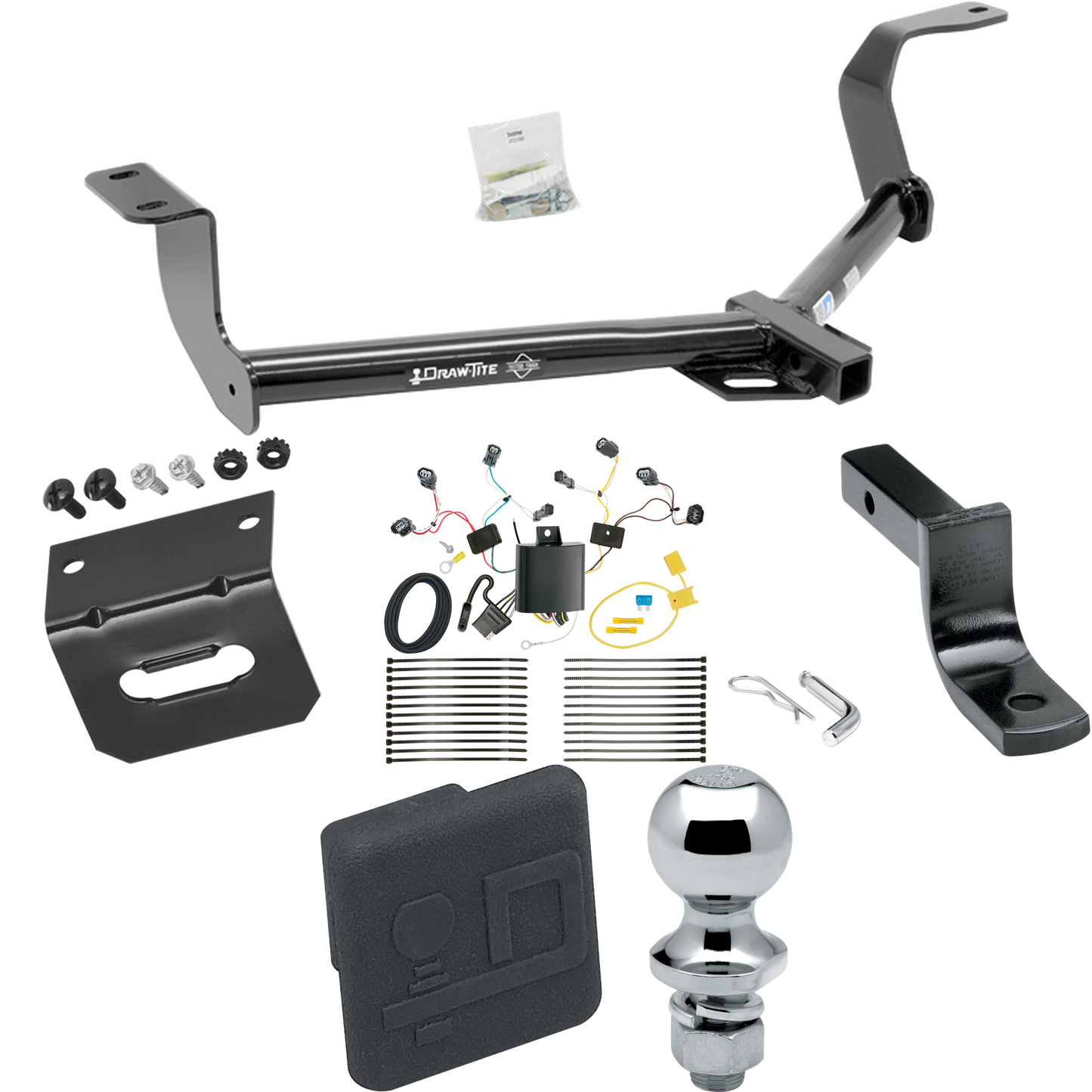 Se adapta al paquete de enganche de remolque Honda Fit 2015-2020 con arnés de cableado de 4 planos + barra de tracción + bola de 1-7/8" + soporte de cableado + cubierta de enganche de Draw-Tite