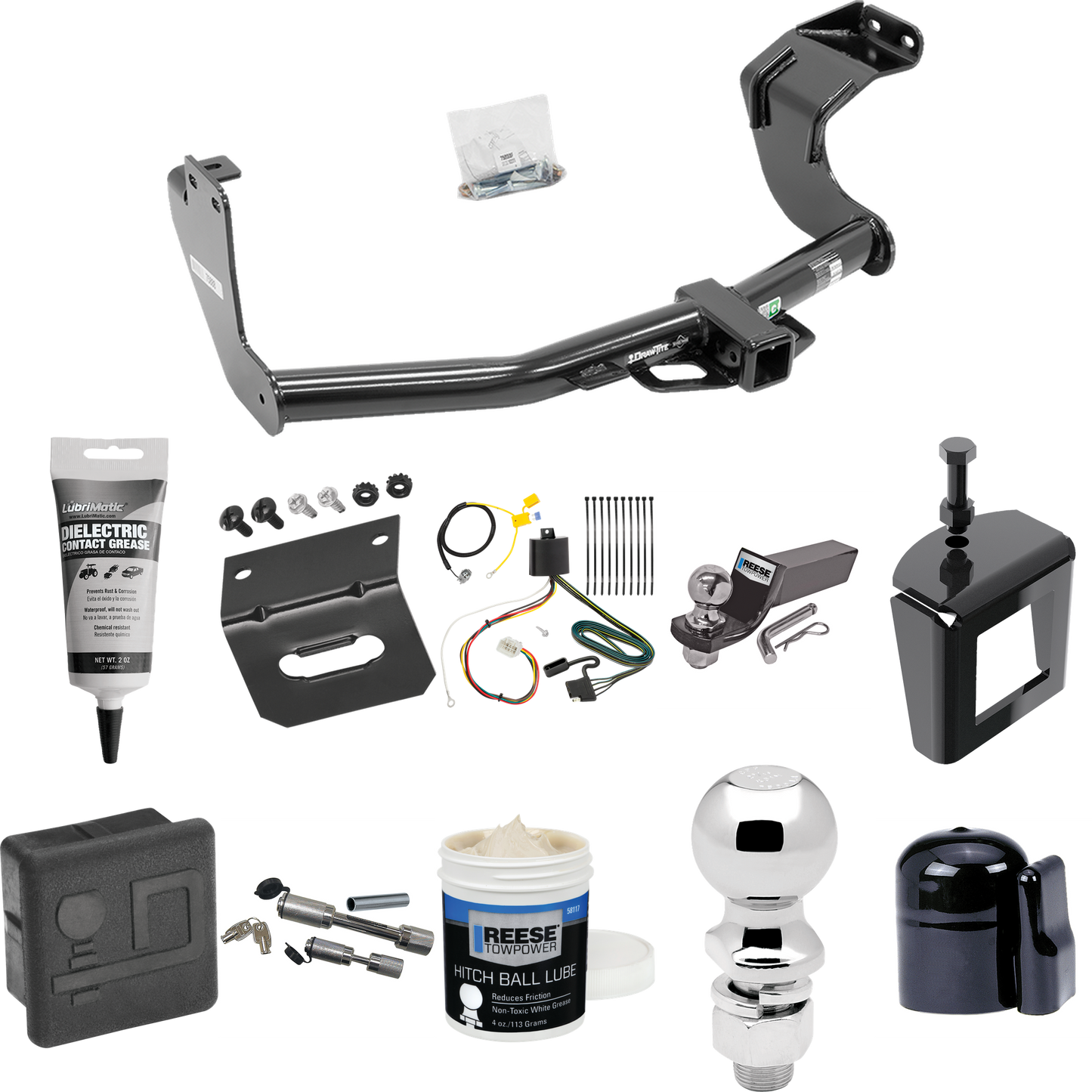 Fits 2016-2021 Mitsubishi Outlander Trailer Hitch Tow PKG w/ 4-Flat Wiring + Starter Kit Ball Mount w/ 2" Drop & 2" Ball + 2-5/16" Ball + Wiring Bracket + Dual Hitch & Coupler Locks + Hitch Cover + Wiring Tester + Ball Lube +Electric Grease + Ball Wr