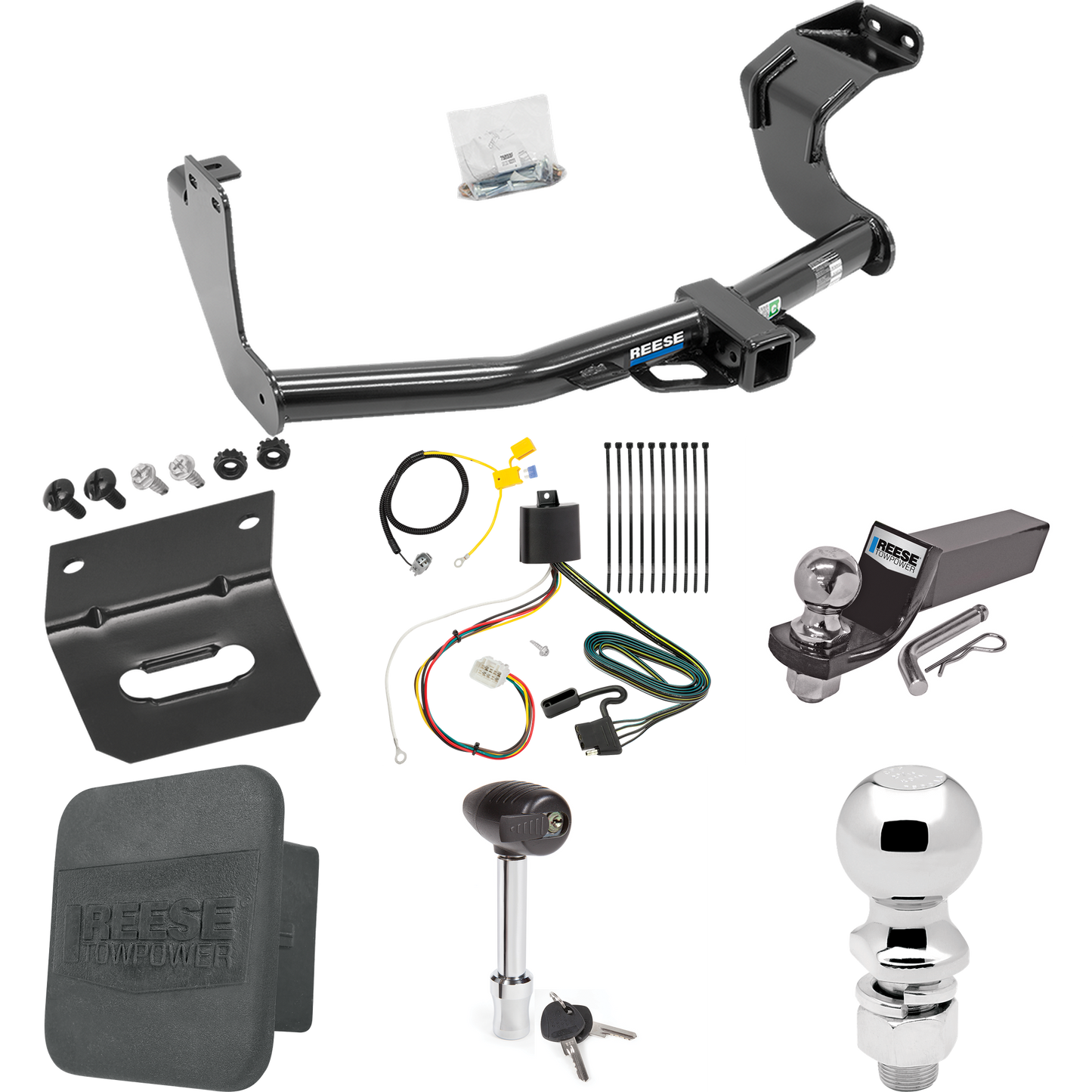 Fits 2016-2021 Mitsubishi Outlander Trailer Hitch Tow PKG w/ 4-Flat Wiring + Starter Kit Ball Mount w/ 2" Drop & 2" Ball + 2-5/16" Ball + Wiring Bracket + Hitch Lock + Hitch Cover (Excludes: Outlander Sport or PHEV Models) By Reese Towpower