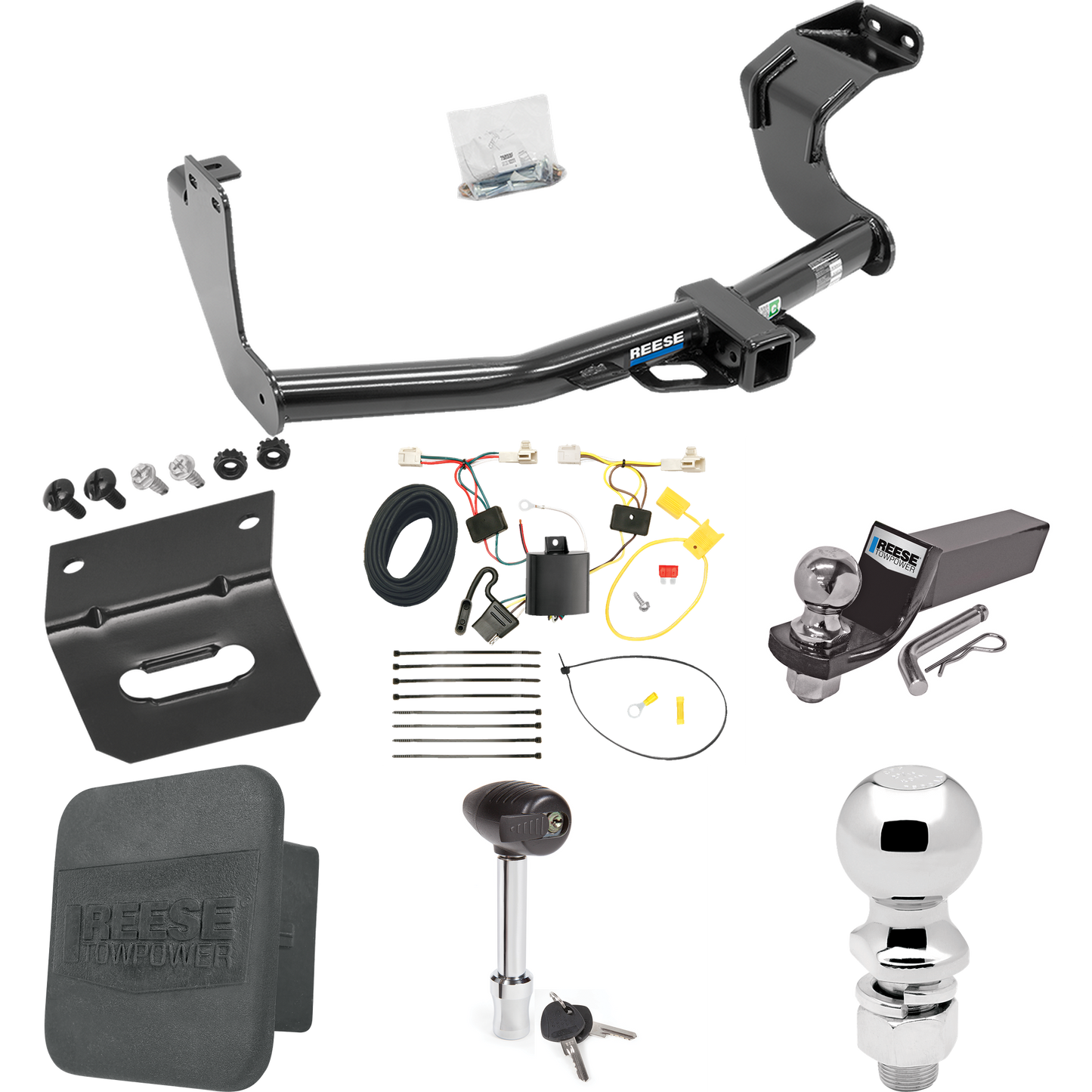 Fits 2014-2015 Mitsubishi Outlander Trailer Hitch Tow PKG w/ 4-Flat Wiring + Starter Kit Ball Mount w/ 2" Drop & 2" Ball + 2-5/16" Ball + Wiring Bracket + Hitch Lock + Hitch Cover (Excludes: Outlander Sport or PHEV Models) By Reese Towpower