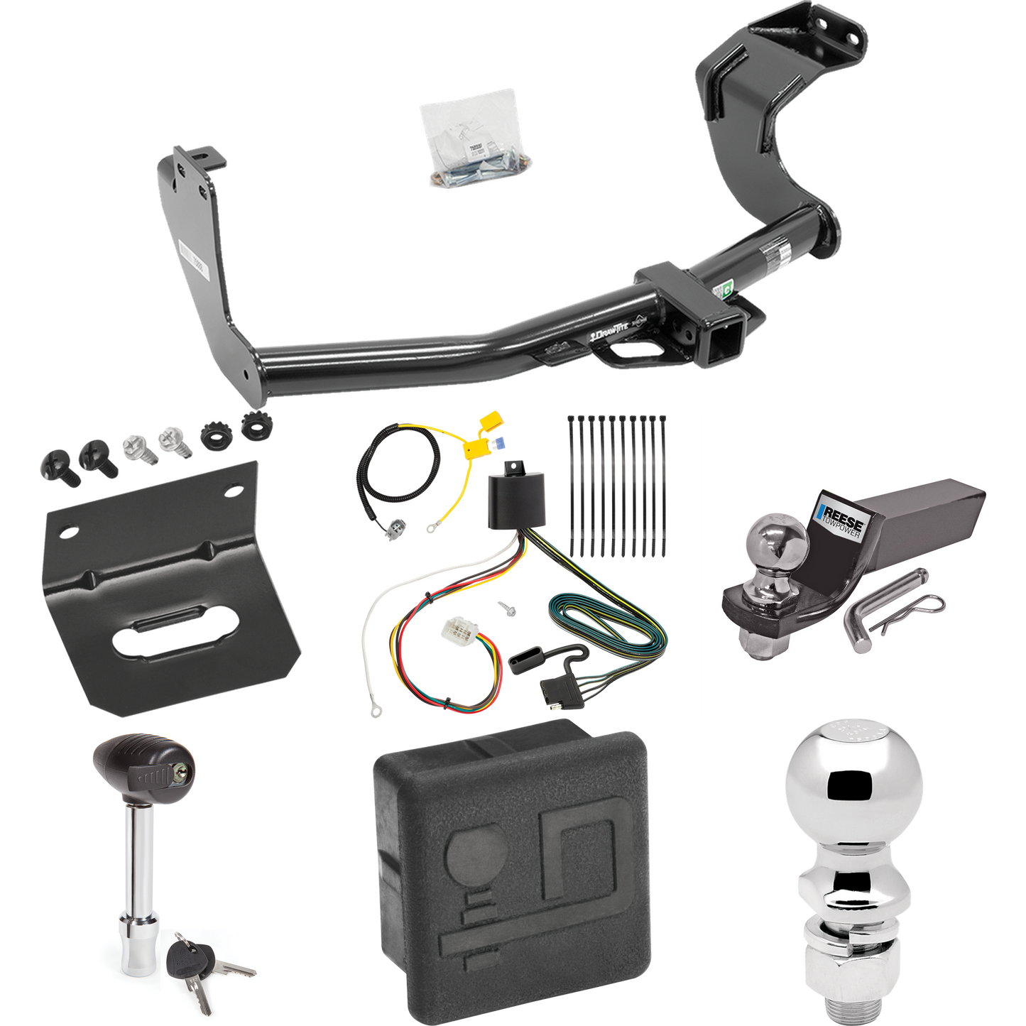 Fits 2016-2021 Mitsubishi Outlander Trailer Hitch Tow PKG w/ 4-Flat Wiring + Starter Kit Ball Mount w/ 2" Drop & 2" Ball + 2-5/16" Ball + Wiring Bracket + Hitch Lock + Hitch Cover (Excludes: Outlander Sport or PHEV Models) By Draw-Tite