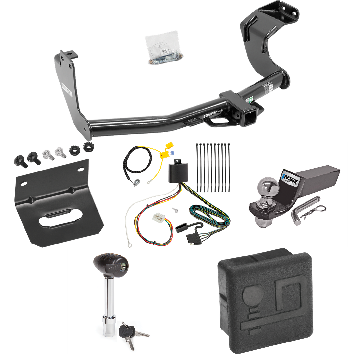 Fits 2016-2021 Mitsubishi Outlander Trailer Hitch Tow PKG w/ 4-Flat Wiring + Starter Kit Ball Mount w/ 2" Drop & 2" Ball + Wiring Bracket + Hitch Lock + Hitch Cover (Excludes: Outlander Sport or PHEV Models) By Draw-Tite