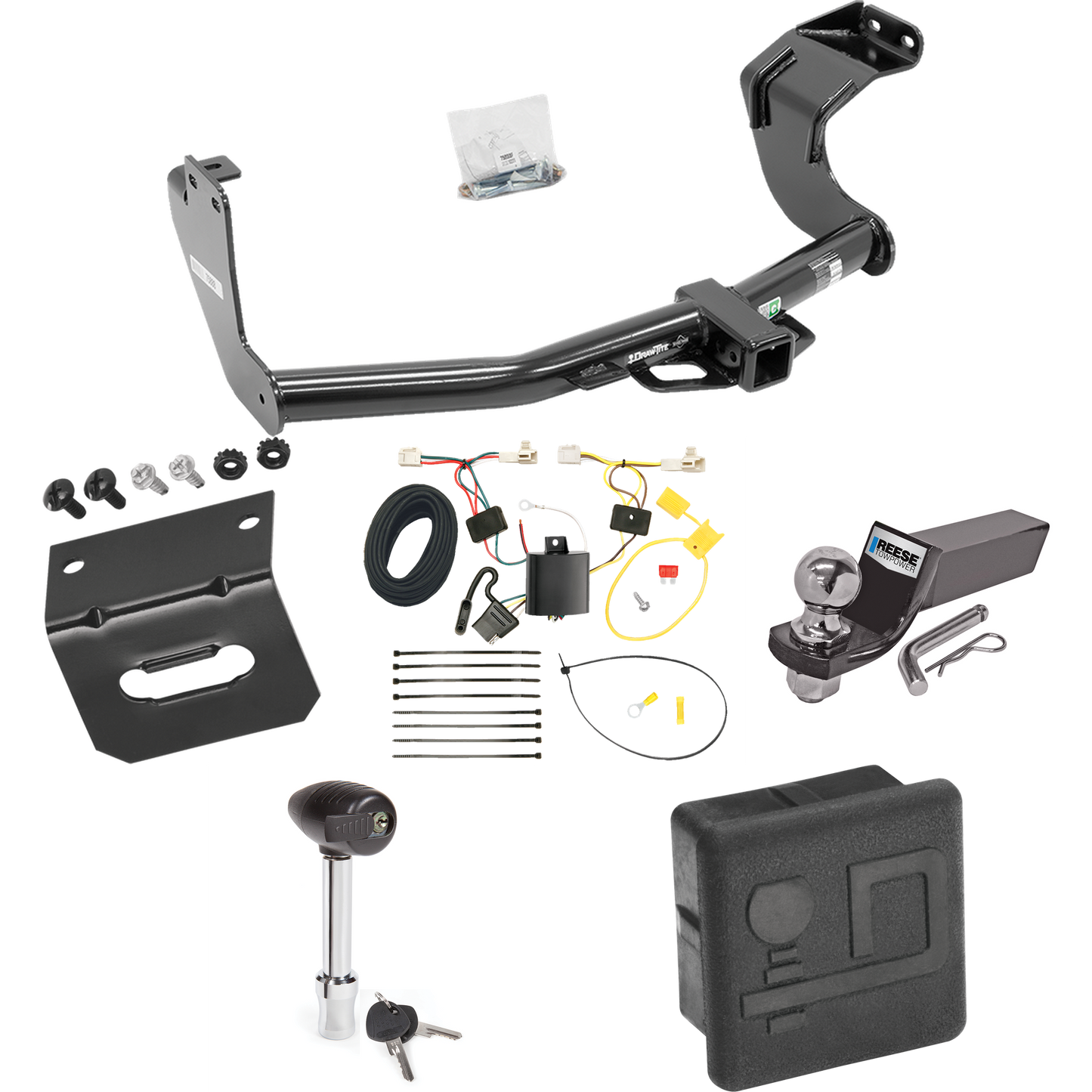 Fits 2014-2015 Mitsubishi Outlander Trailer Hitch Tow PKG w/ 4-Flat Wiring + Starter Kit Ball Mount w/ 2" Drop & 2" Ball + Wiring Bracket + Hitch Lock + Hitch Cover (Excludes: Outlander Sport or PHEV Models) By Draw-Tite