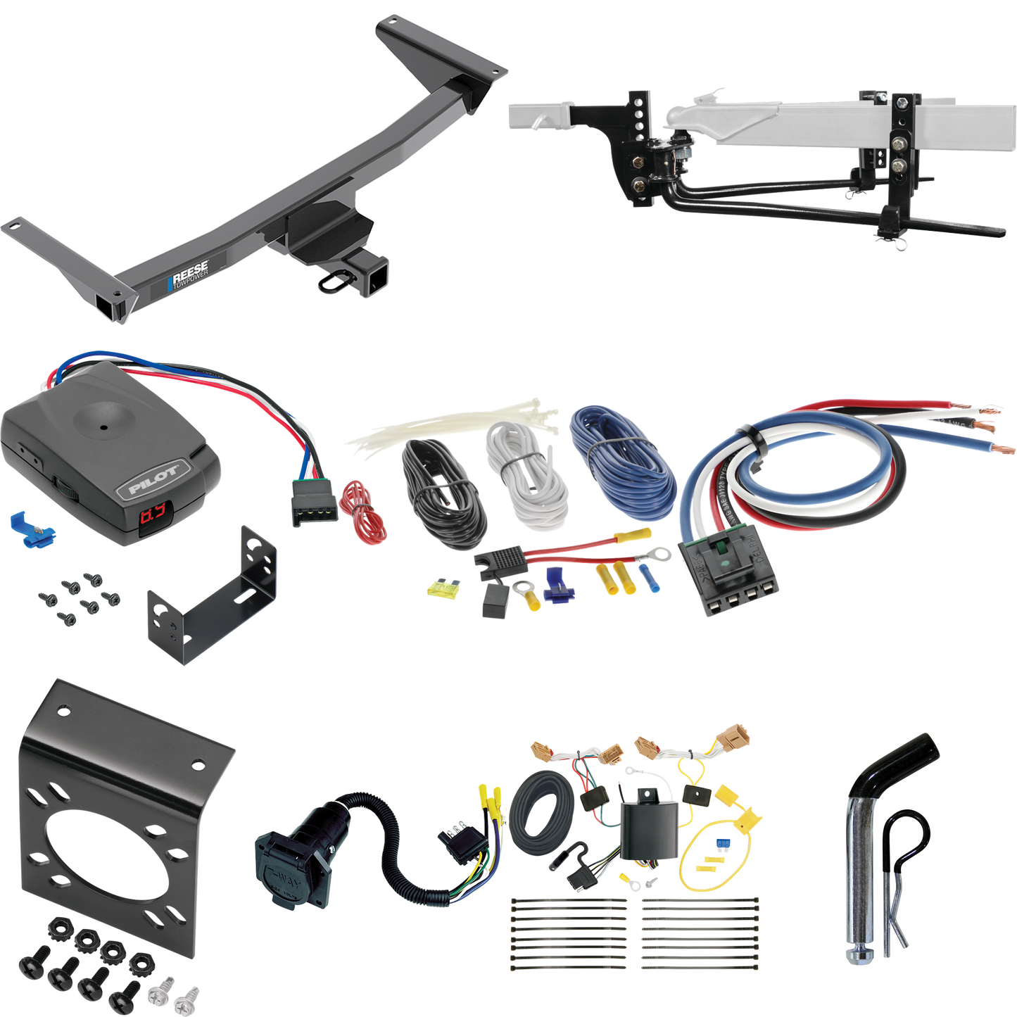 Fits 2021-2023 Volkswagen Atlas Trailer Hitch Tow PKG w/ 6K Round Bar Weight Distribution Hitch w/ 2-5/16" Ball + Pin/Clip + Pro Series Pilot Brake Control + Generic BC Wiring Adapter + 7-Way RV Wiring (Excludes: Cross Sport Models) By Reese Towpower