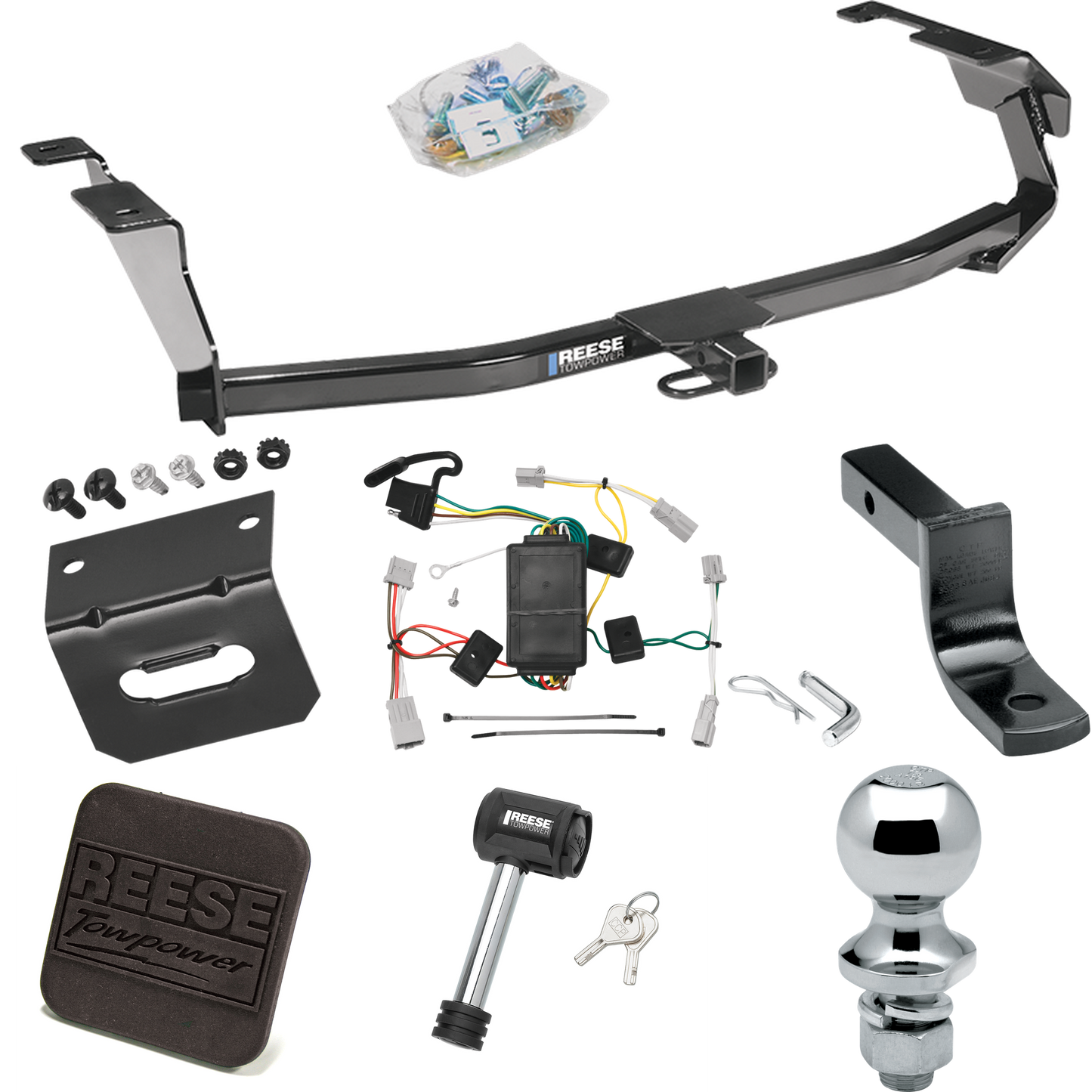 Fits 2009-2013 Honda Fit Trailer Hitch Tow PKG w/ 4-Flat Wiring Harness + Draw-Bar + 1-7/8" Ball + Wiring Bracket + Hitch Cover + Hitch Lock By Reese Towpower