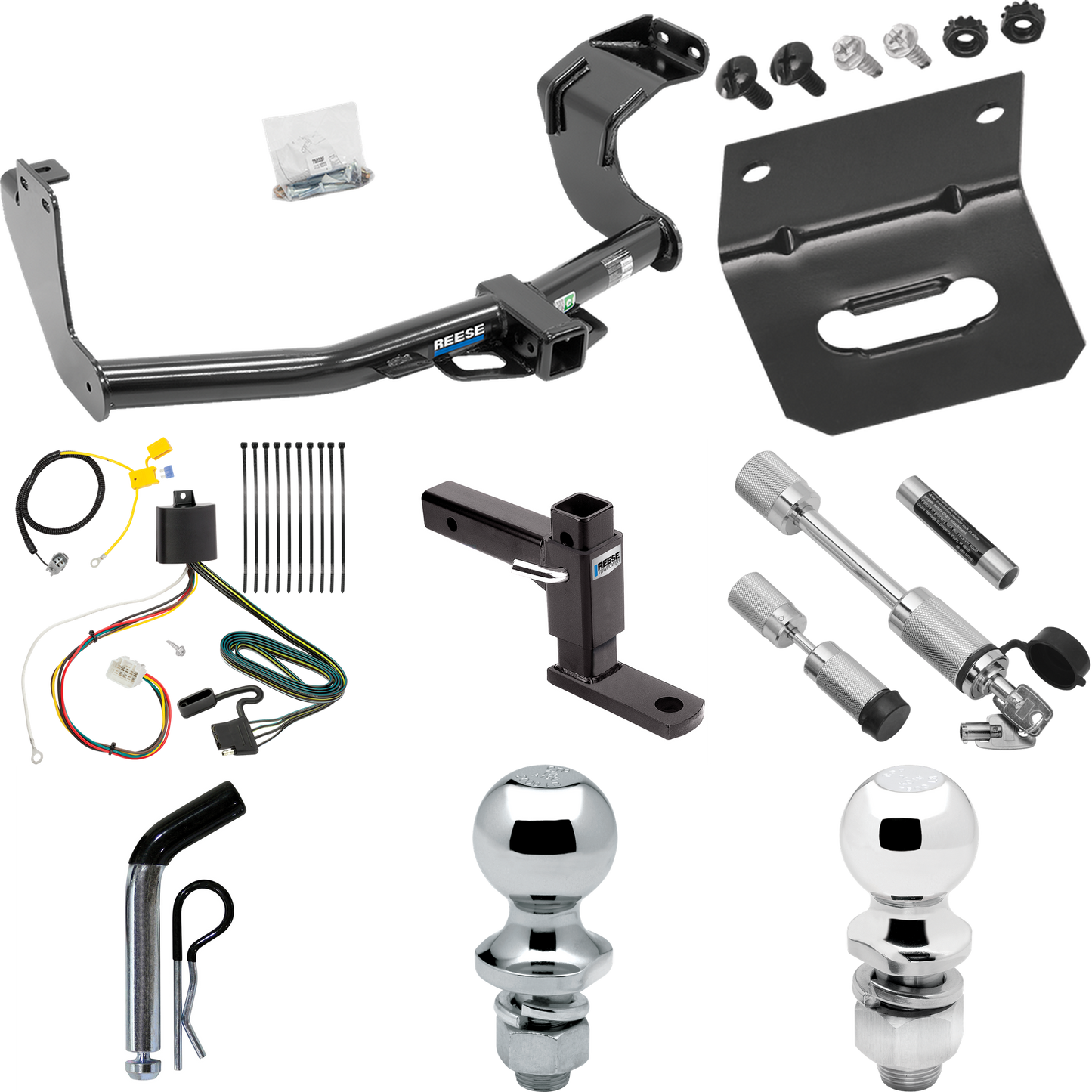 Fits 2016-2021 Mitsubishi Outlander Trailer Hitch Tow PKG w/ 4-Flat Wiring Harness + Adjustable Drop Rise Ball Mount + Pin/Clip + 2" Ball + 1-7/8" Ball + Dual Hitch & Coupler Locks (Excludes: Outlander Sport or PHEV Models) By Reese Towpower