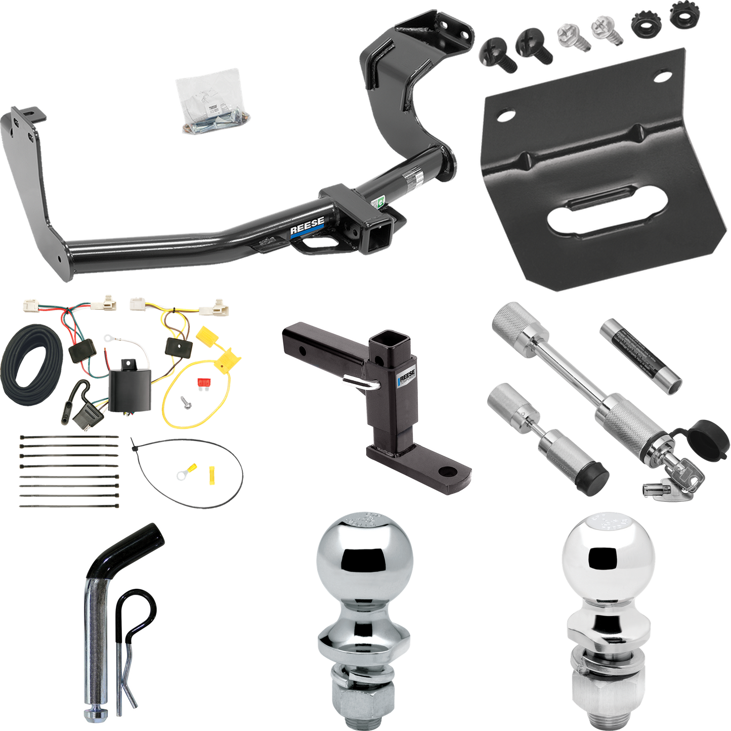 Fits 2014-2015 Mitsubishi Outlander Trailer Hitch Tow PKG w/ 4-Flat Wiring Harness + Adjustable Drop Rise Ball Mount + Pin/Clip + 2" Ball + 1-7/8" Ball + Dual Hitch & Coupler Locks (Excludes: Outlander Sport or PHEV Models) By Reese Towpower