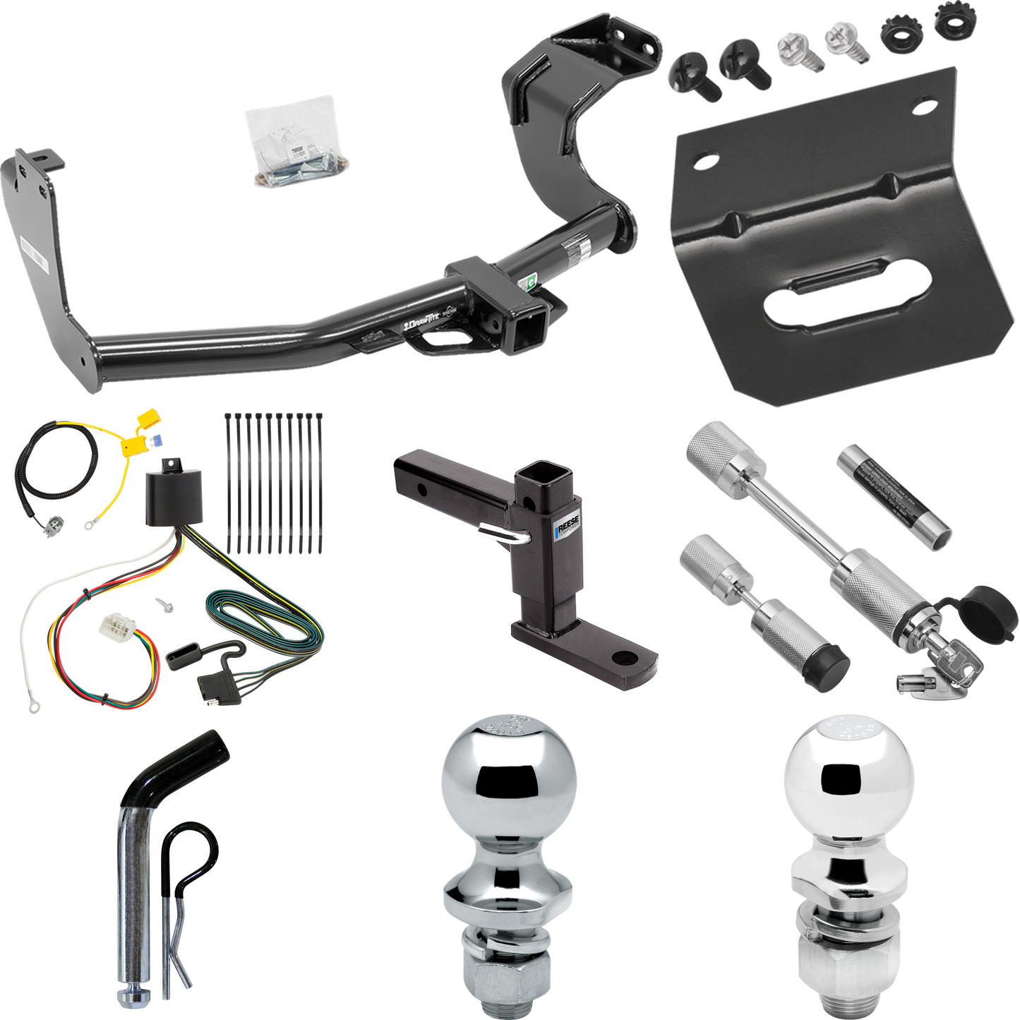 Fits 2016-2021 Mitsubishi Outlander Trailer Hitch Tow PKG w/ 4-Flat Wiring Harness + Adjustable Drop Rise Ball Mount + Pin/Clip + 2" Ball + 1-7/8" Ball + Dual Hitch & Coupler Locks (Excludes: Outlander Sport or PHEV Models) By Draw-Tite