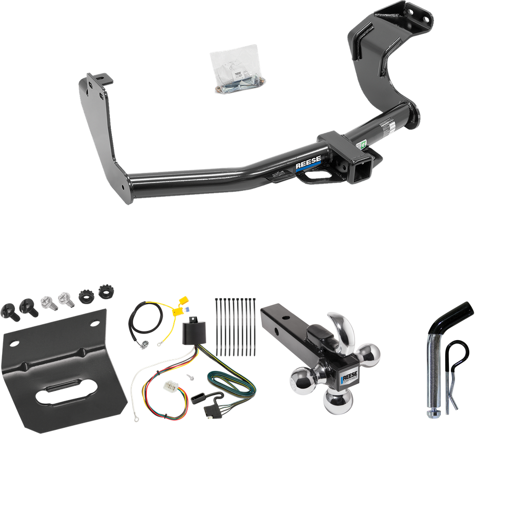 Fits 2016-2021 Mitsubishi Outlander Trailer Hitch Tow PKG w/ 4-Flat Wiring Harness + Triple Ball Ball Mount 1-7/8" & 2" & 2-5/16" Trailer Balls w/ Tow Hook + Pin/Clip + Wiring Bracket (Excludes: Outlander Sport or PHEV Models) By Reese Towpower