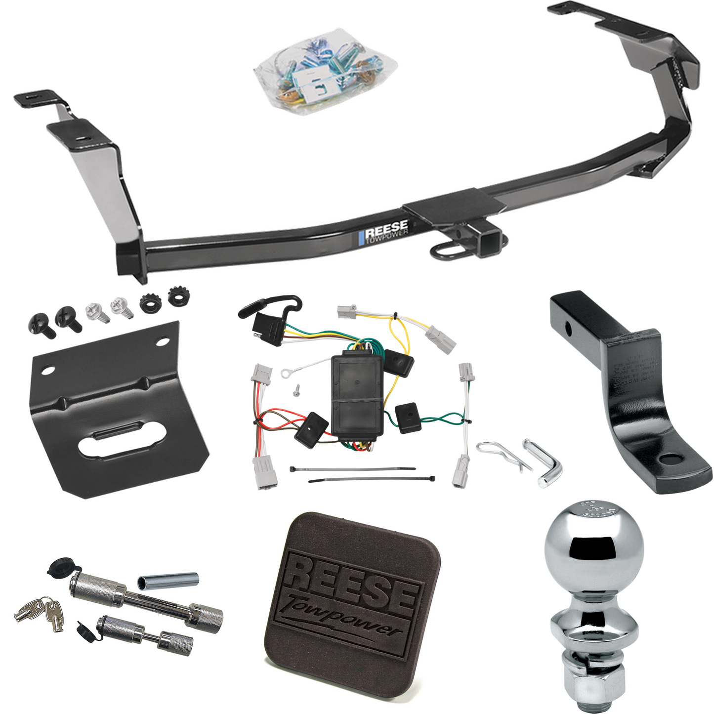 Se adapta al paquete de remolque con enganche para remolque Honda Fit 2009-2013 con arnés de cableado de 4 planos + barra de tracción + bola de 2" + soporte de cableado + cubierta de enganche + enganche doble y cerraduras de acoplador de Reese Towpower