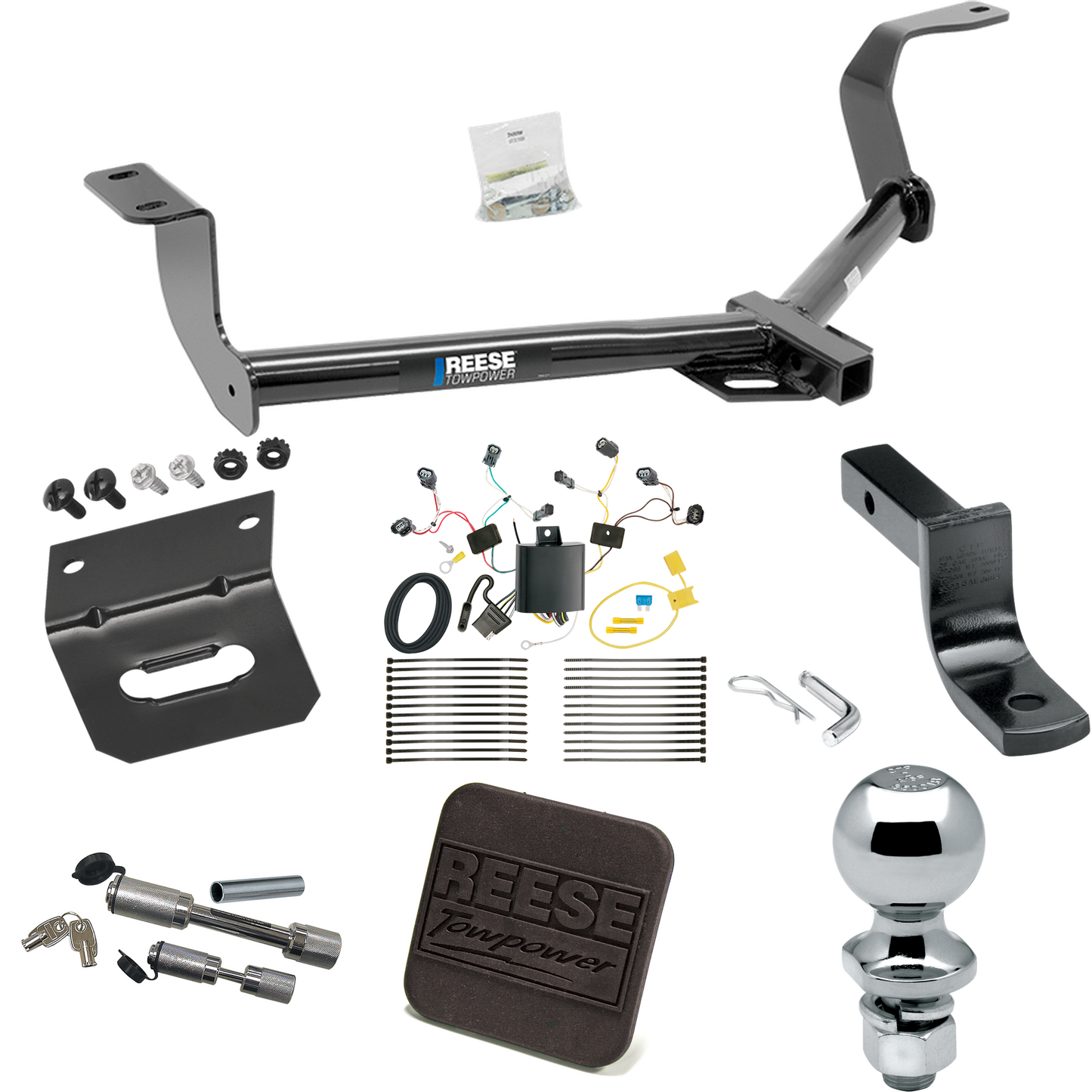 Se adapta al paquete de remolque con enganche para remolque Honda Fit 2015-2020 con arnés de cableado de 4 planos + barra de tracción + bola de 2" + soporte de cableado + cubierta de enganche + enganche doble y cerraduras de acoplador de Reese Towpower