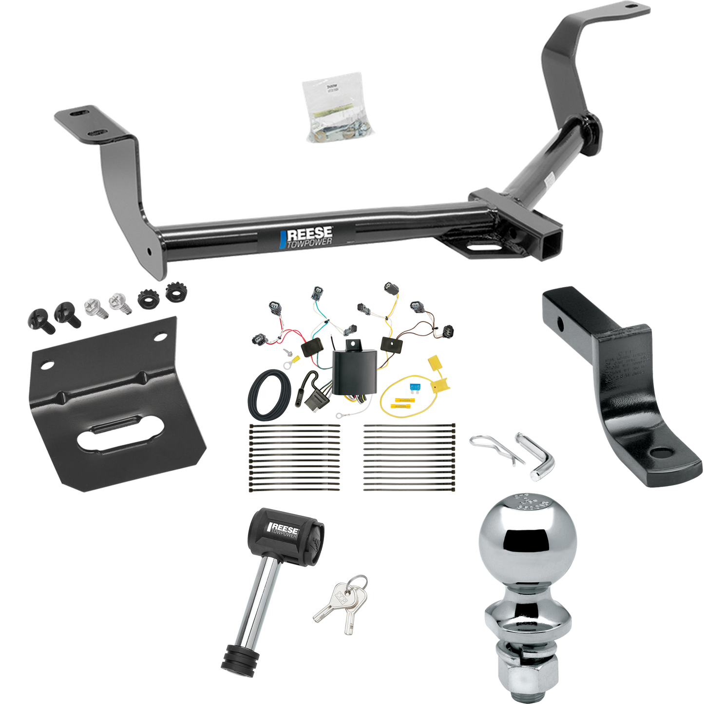 Se adapta al paquete de remolque Honda Fit 2015-2020 con arnés de cableado de 4 planos + barra de tracción + bola de 2" + soporte de cableado + bloqueo de enganche de Reese Towpower