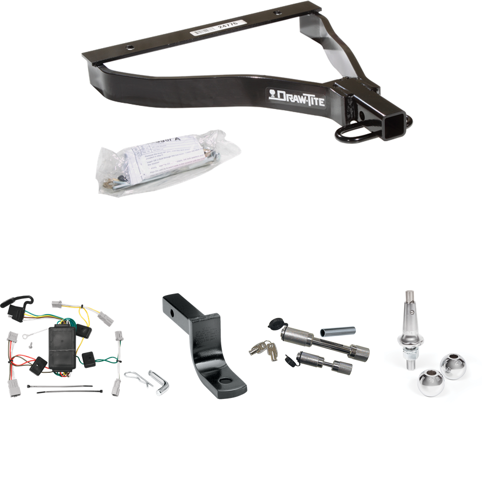 Se adapta al paquete de remolque Honda Fit 2007-2008 con arnés de cableado de 4 planos + barra de tracción + bolas intercambiables de 1-7/8" y 2" + enganche doble y cerraduras de acoplador de Draw-Tite