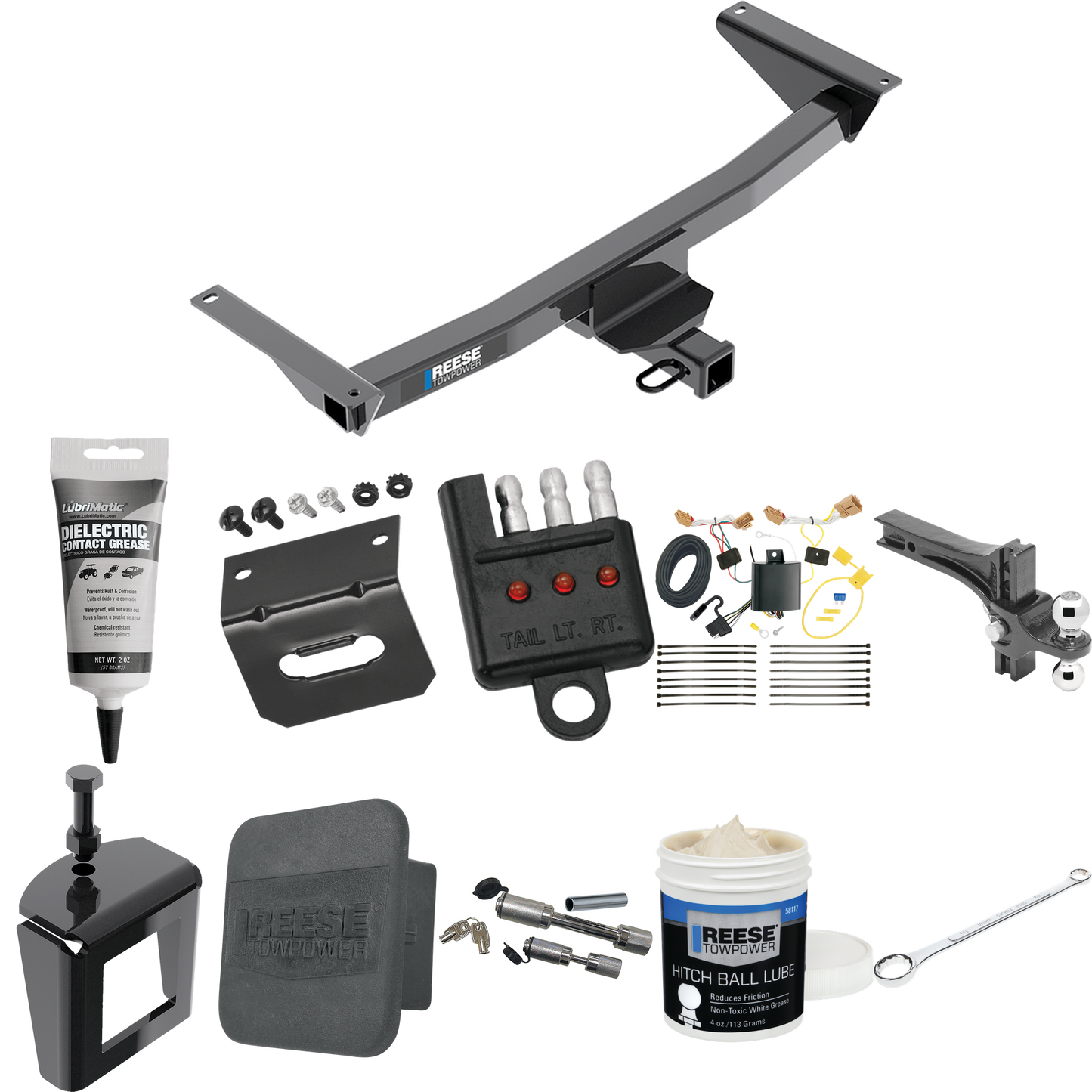 Fits 2018-2023 Volkswagen Atlas Trailer Hitch Tow PKG w/ 4-Flat Wiring + Dual Adjustable Drop Rise Ball Ball Mount 2" & 2-5/16" Trailer Balls + Wiring Bracket + Hitch Cover + Dual Hitch & Coupler Locks + Wiring Tester + Ball Lube + Electric Grease +