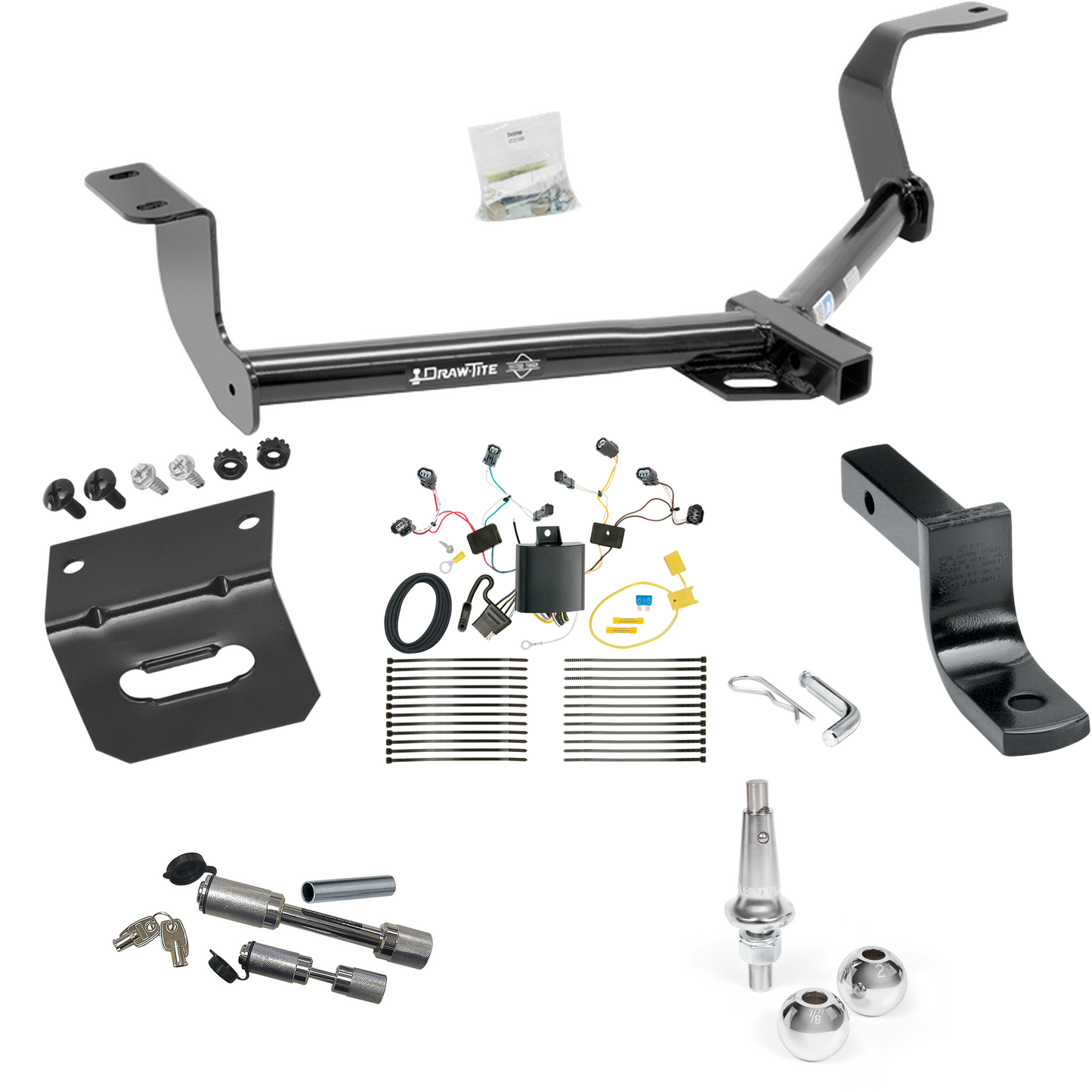 Fits 2015-2020 Honda Fit Trailer Hitch Tow PKG w/ 4-Flat Wiring Harness + Draw-Bar + Interchangeable 1-7/8" & 2" Balls + Wiring Bracket + Dual Hitch & Coupler Locks By Draw-Tite