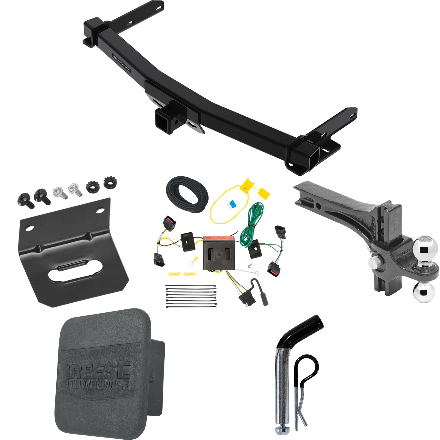 Fits 2011-2013 Dodge Durango Trailer Hitch Tow PKG w/ 4-Flat Wiring + Dual Adjustable Drop Rise Ball Ball Mount 2" & 2-5/16" Trailer Balls + Pin/Clip + Wiring Bracket + Hitch Cover By Reese Towpower