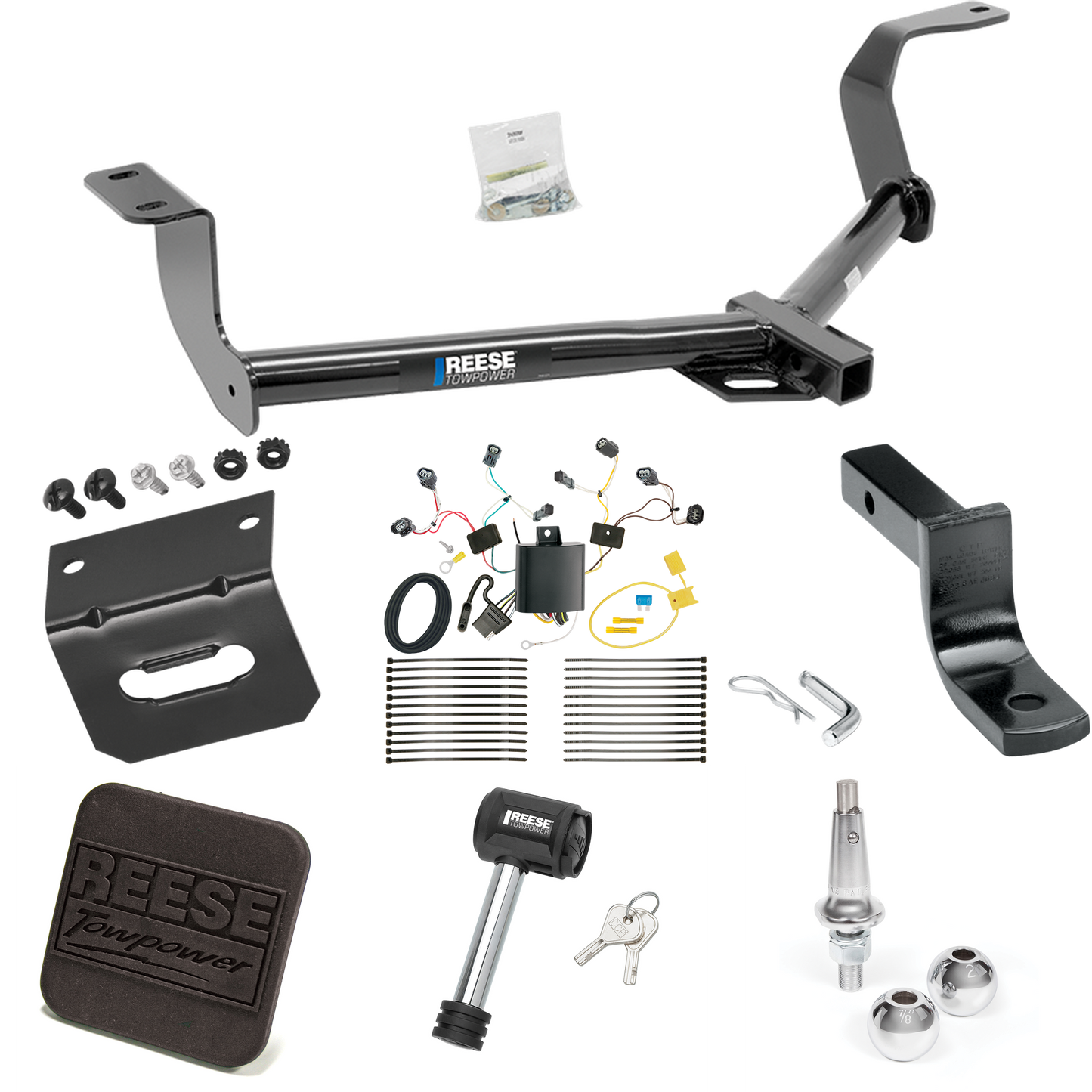 Fits 2015-2020 Honda Fit Trailer Hitch Tow PKG w/ 4-Flat Wiring Harness + Draw-Bar + Interchangeable 1-7/8" & 2" Balls + Wiring Bracket + Hitch Cover + Hitch Lock By Reese Towpower