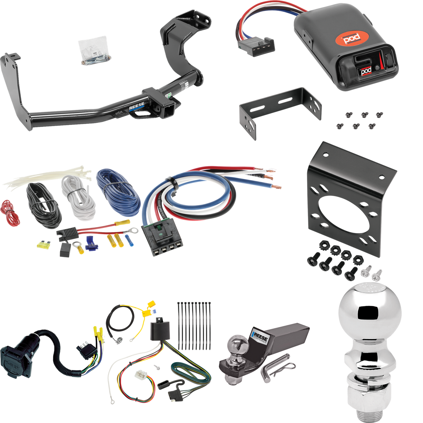 Fits 2016-2021 Mitsubishi Outlander Trailer Hitch Tow PKG w/ Pro Series POD Brake Control + Generic BC Wiring Adapter + 7-Way RV Wiring + 2" & 2-5/16" Ball & Drop Mount (Excludes: Outlander Sport or PHEV Models) By Reese Towpower