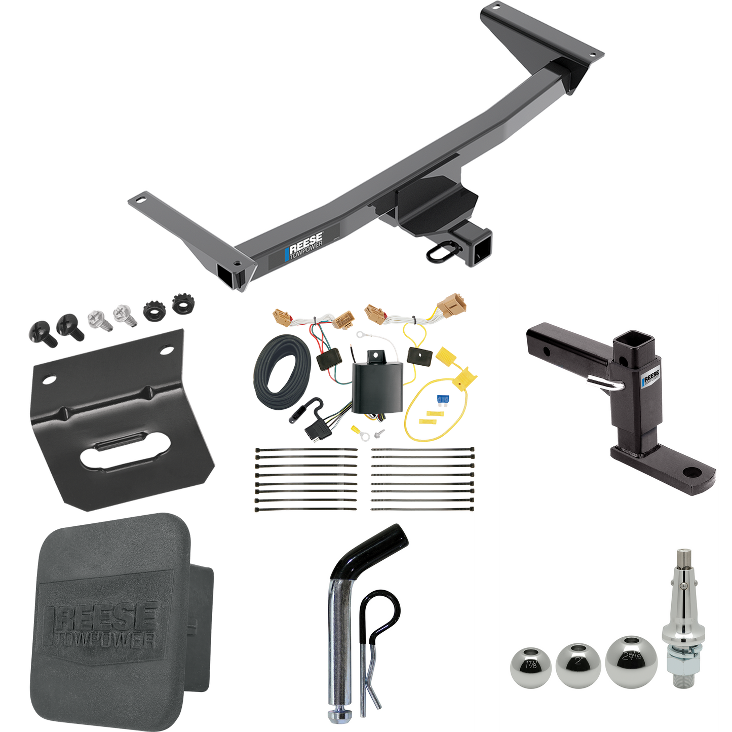 Fits 2018-2023 Volkswagen Atlas Trailer Hitch Tow PKG w/ 4-Flat Wiring + Adjustable Drop Rise Ball Mount + Pin/Clip + Inerchangeable 1-7/8" & 2" & 2-5/16" Balls + Wiring Bracket + Hitch Cover (Excludes: Cross Sport Models) By Reese Towpower