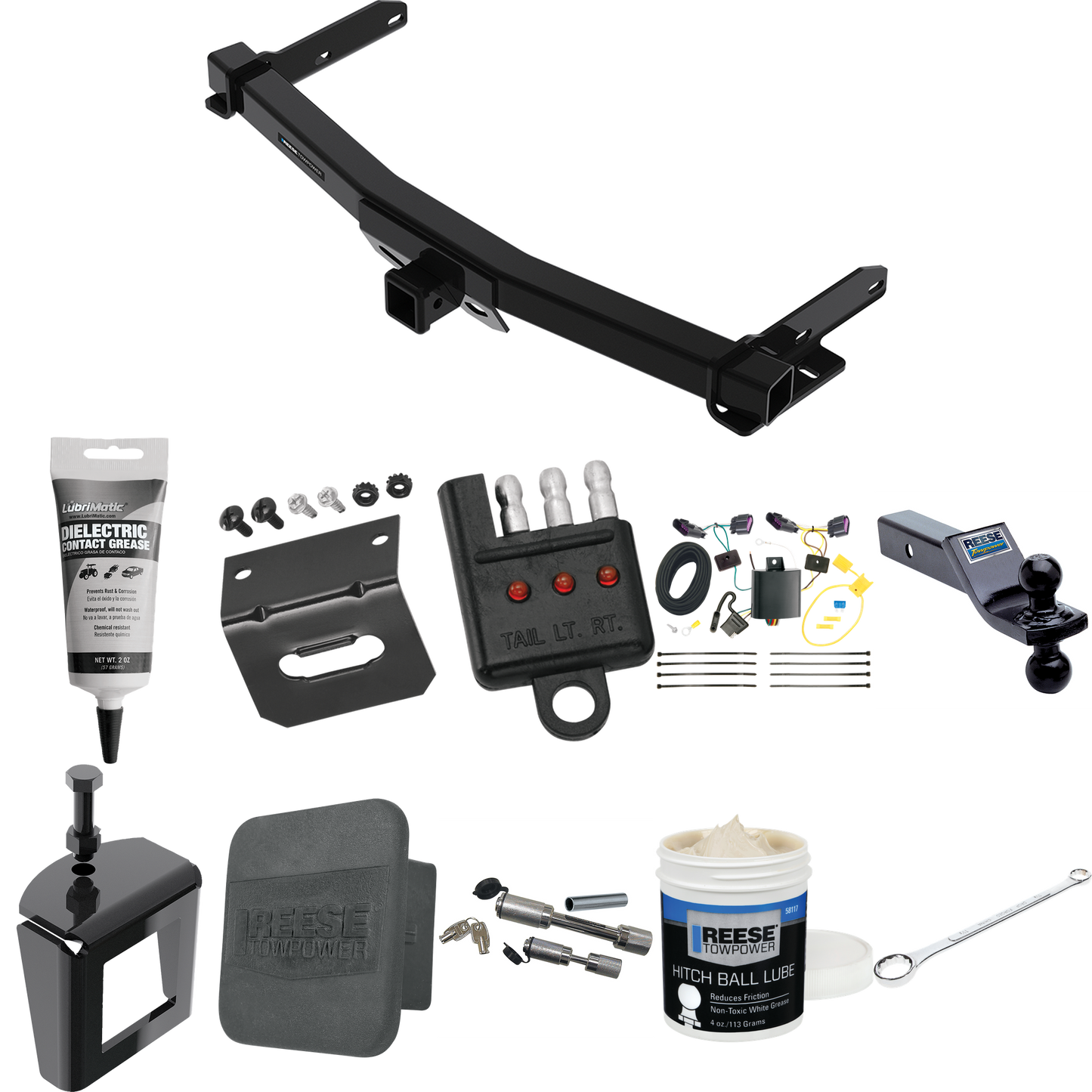 Fits 2014-2023 Dodge Durango Trailer Hitch Tow PKG w/ 4-Flat Wiring + Dual Ball Ball Mount 1-7/8" & 2" Trailer Balls + Wiring Bracket + Hitch Cover + Dual Hitch & Coupler Locks + Wiring Tester + Ball Lube + Electric Grease + Ball Wrench + Anti Rattle