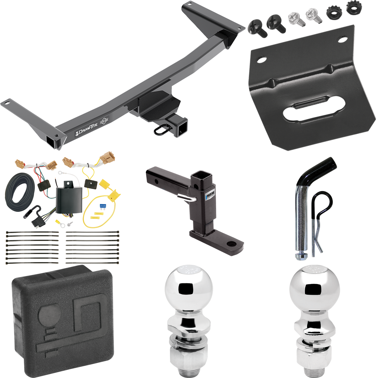 Fits 2018-2023 Volkswagen Atlas Trailer Hitch Tow PKG w/ 4-Flat Wiring + Adjustable Drop Rise Ball Mount + Pin/Clip + 2" Ball + 2-5/16" Ball + Wiring Bracket + Hitch Cover (Excludes: Cross Sport Models) By Draw-Tite