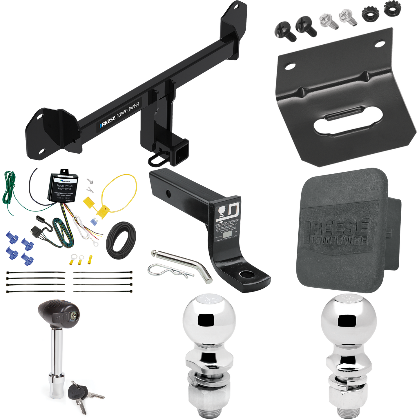 Fits 2019-2023 BMW X4 Trailer Hitch Tow PKG w/ 4-Flat Wiring + Ball Mount w/ 4" Drop + 2" Ball + 2-5/16" Ball + Wiring Bracket + Hitch Lock + Hitch Cover By Reese Towpower