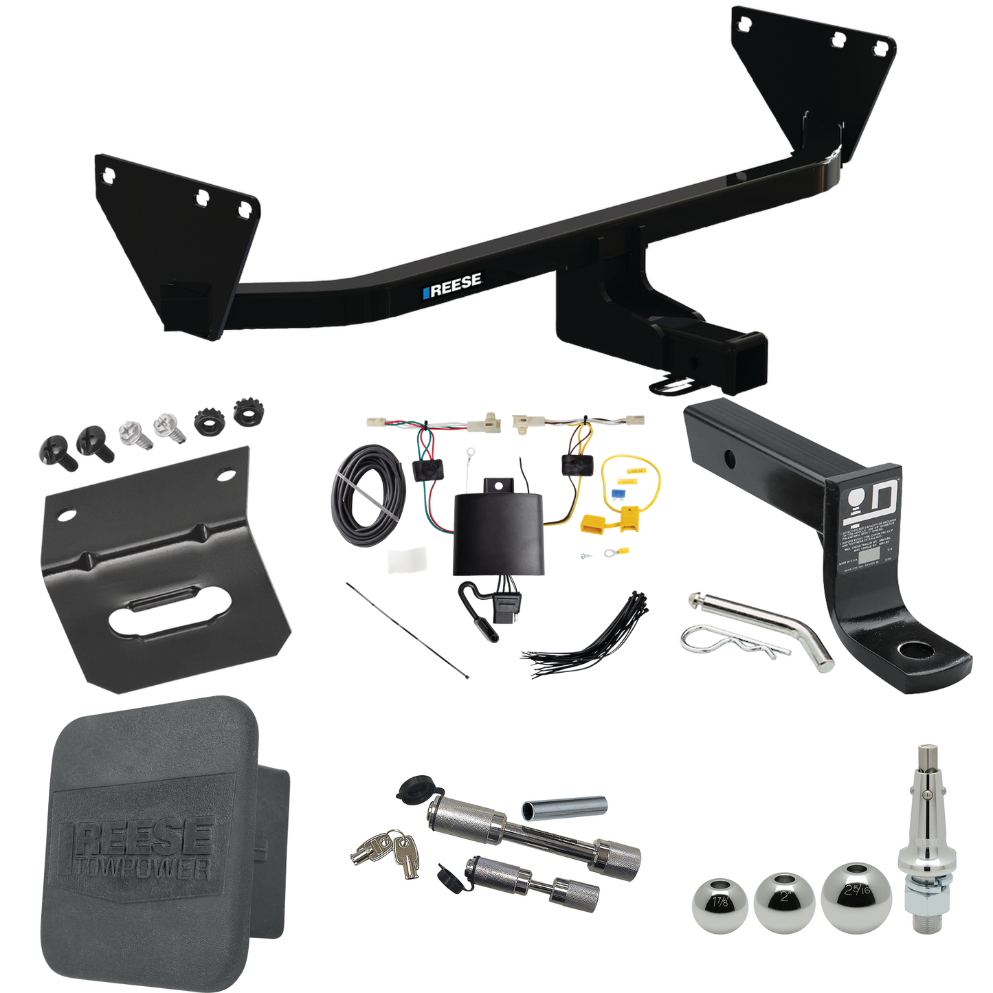 Fits 2022-2023 Mitsubishi Outlander Trailer Hitch Tow PKG w/ 4-Flat Wiring + Ball Mount w/ 4" Drop + Interchangeable Ball 1-7/8" & 2" & 2-5/16" + Wiring Bracket + Dual Hitch & Coupler Locks + Hitch Cover By Reese Towpower