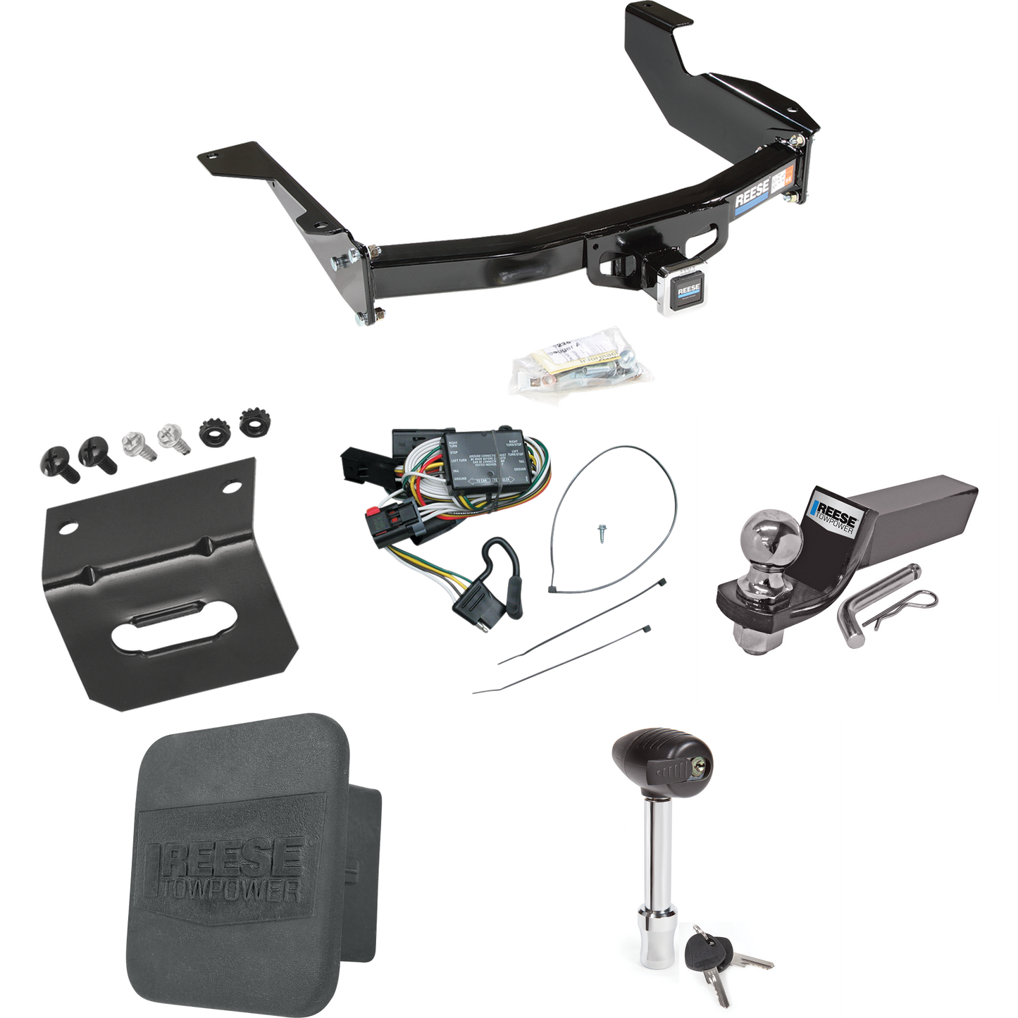 Fits 1998-2003 Dodge Durango Trailer Hitch Tow PKG w/ 4-Flat Wiring + Starter Kit Ball Mount w/ 2" Drop & 2" Ball + 1-7/8" Ball + Wiring Bracket + Hitch Lock + Hitch Cover By Reese Towpower