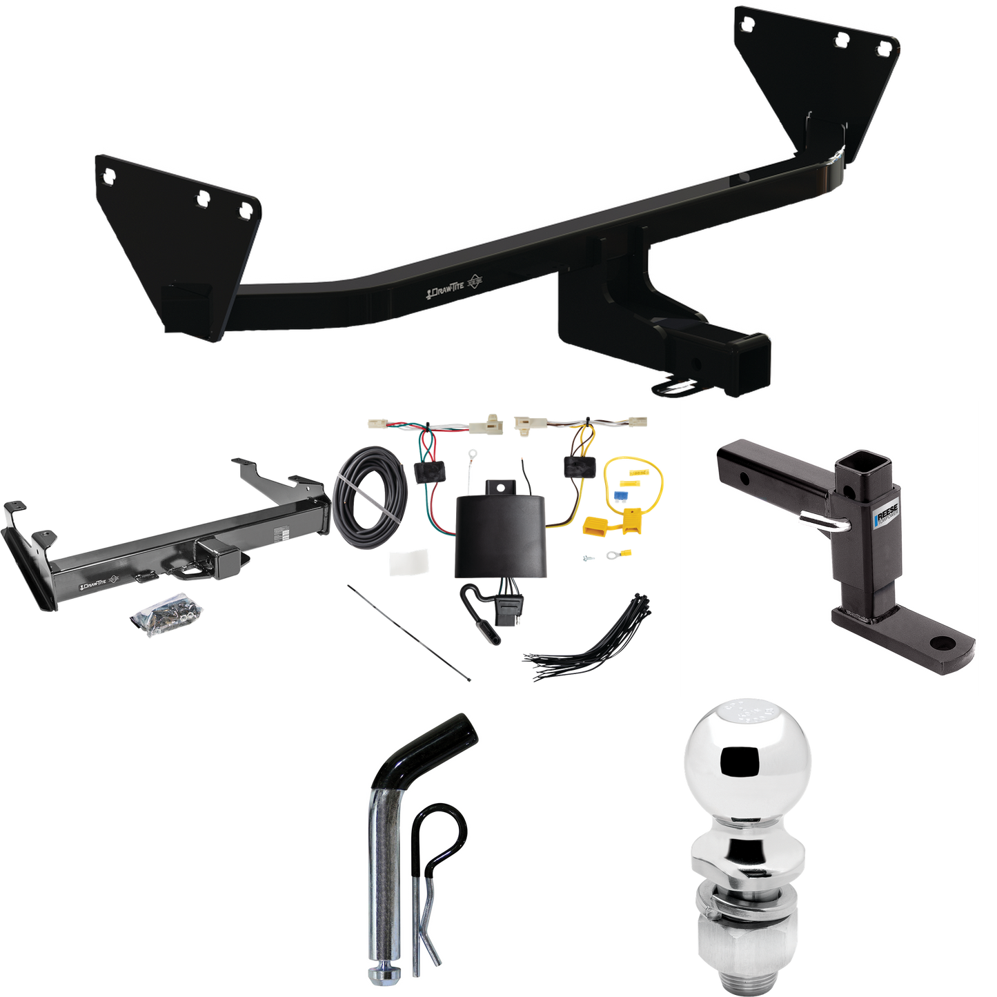 Fits 2022-2023 Mitsubishi Outlander Trailer Hitch Tow PKG w/ 4-Flat Wiring Harness + Adjustable Drop Rise Ball Mount + Pin/Clip + 2" Ball By Draw-Tite