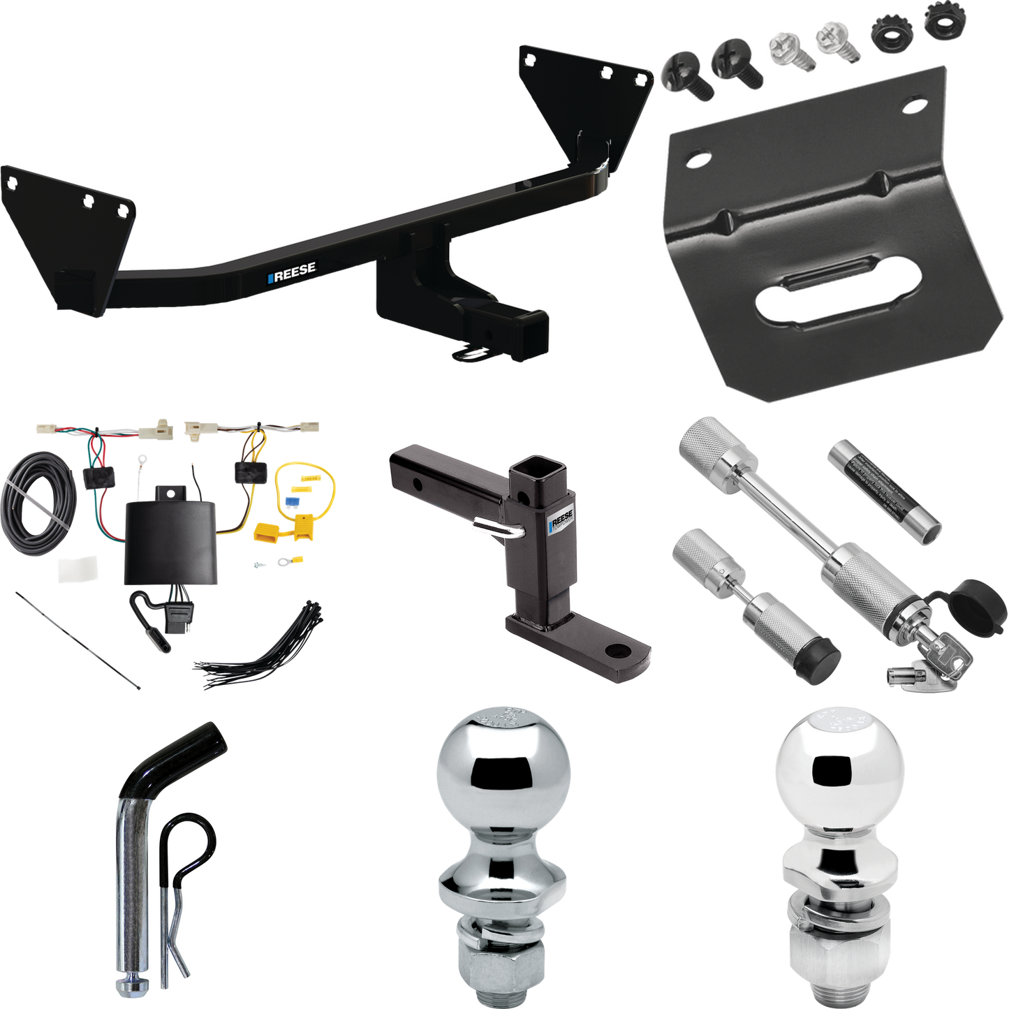 Fits 2022-2023 Mitsubishi Outlander Trailer Hitch Tow PKG w/ 4-Flat Wiring Harness + Adjustable Drop Rise Ball Mount + Pin/Clip + 2" Ball + 1-7/8" Ball + Dual Hitch & Coupler Locks By Reese Towpower