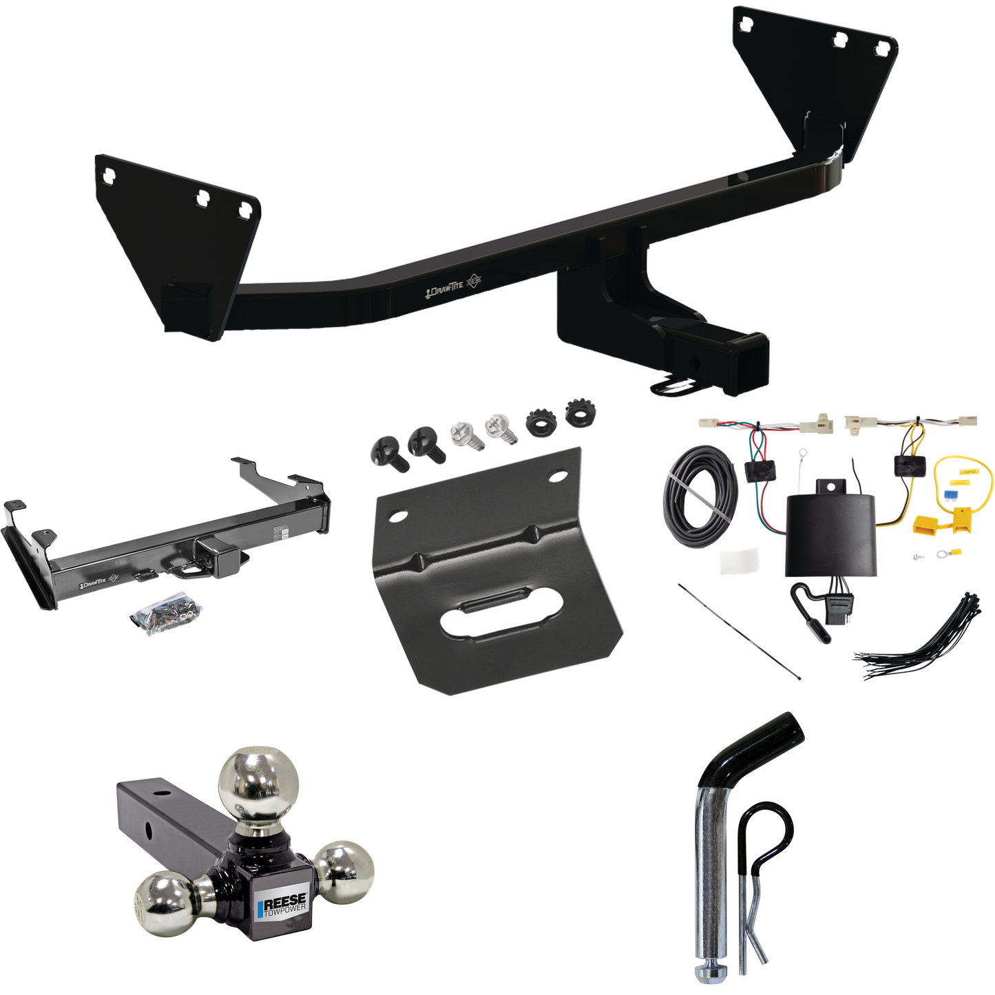 Se adapta al paquete de remolque de enganche para remolque Mitsubishi Outlander 2022-2023 con arnés de cableado plano de 4 + soporte de bola triple de bolas de remolque de 1-7/8" y 2" y 2-5/16" + pasador/clip + soporte de cableado por Draw- tite