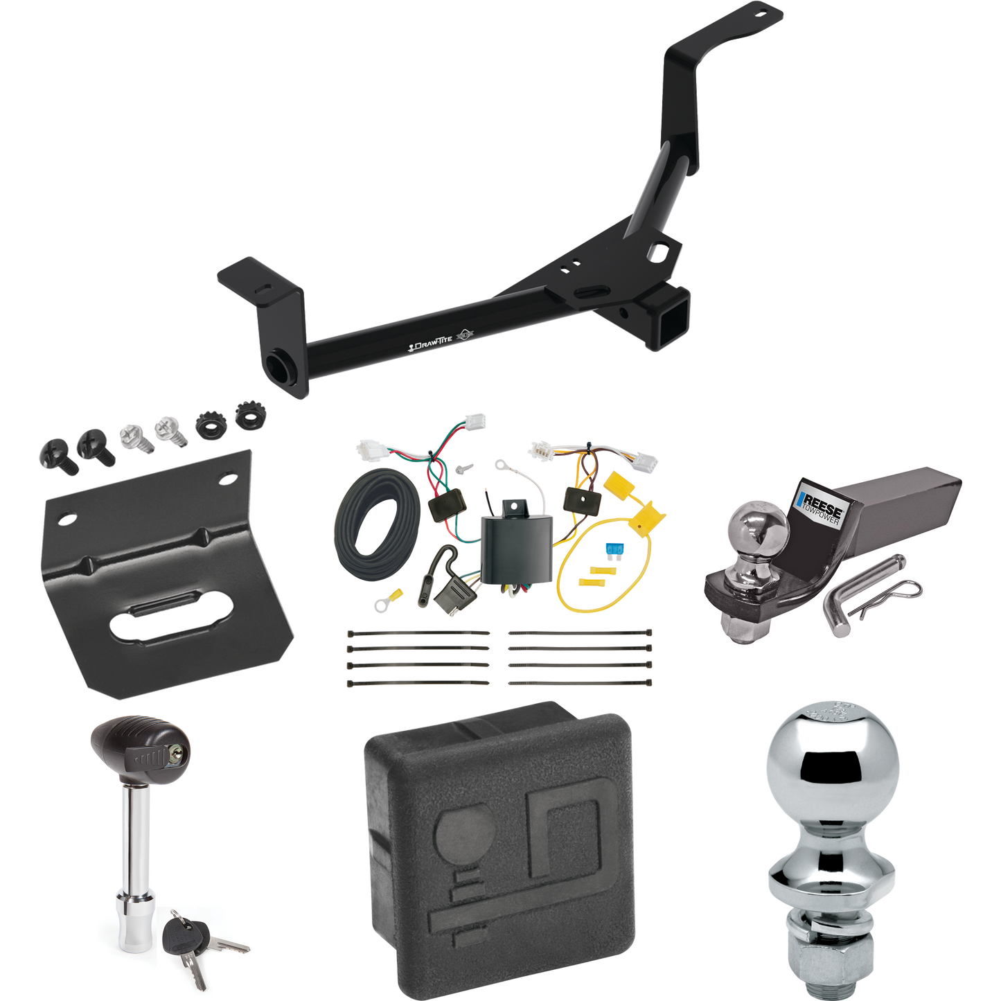 Fits 2016-2022 Honda HR-V Trailer Hitch Tow PKG w/ 4-Flat Wiring + Starter Kit Ball Mount w/ 2" Drop & 2" Ball + 1-7/8" Ball + Wiring Bracket + Hitch Lock + Hitch Cover By Draw-Tite