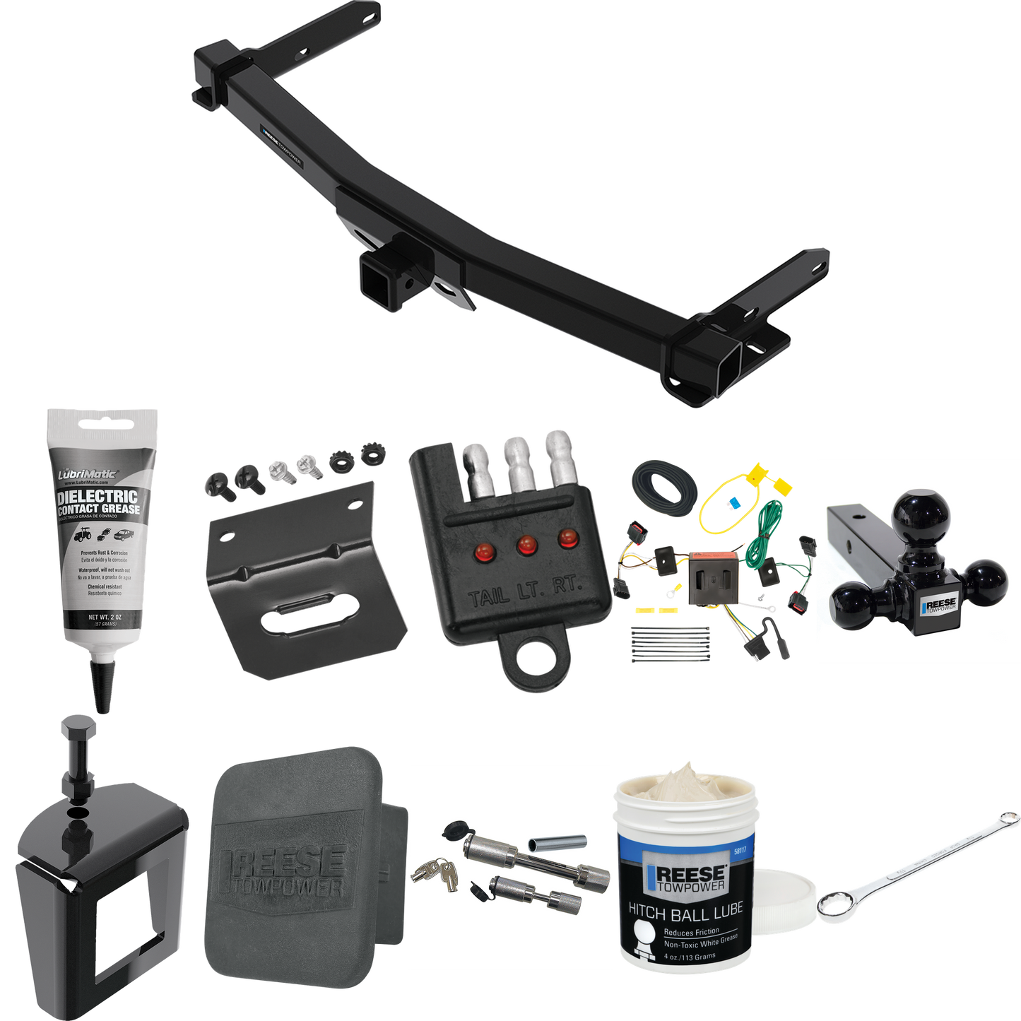 Fits 2011-2013 Dodge Durango Trailer Hitch Tow PKG w/ 4-Flat Wiring + Triple Ball Ball Mount 1-7/8" & 2" & 2-5/16" Trailer Balls + Wiring Bracket + Hitch Cover + Dual Hitch & Coupler Locks + Wiring Tester + Ball Lube + Electric Grease + Ball Wrench +