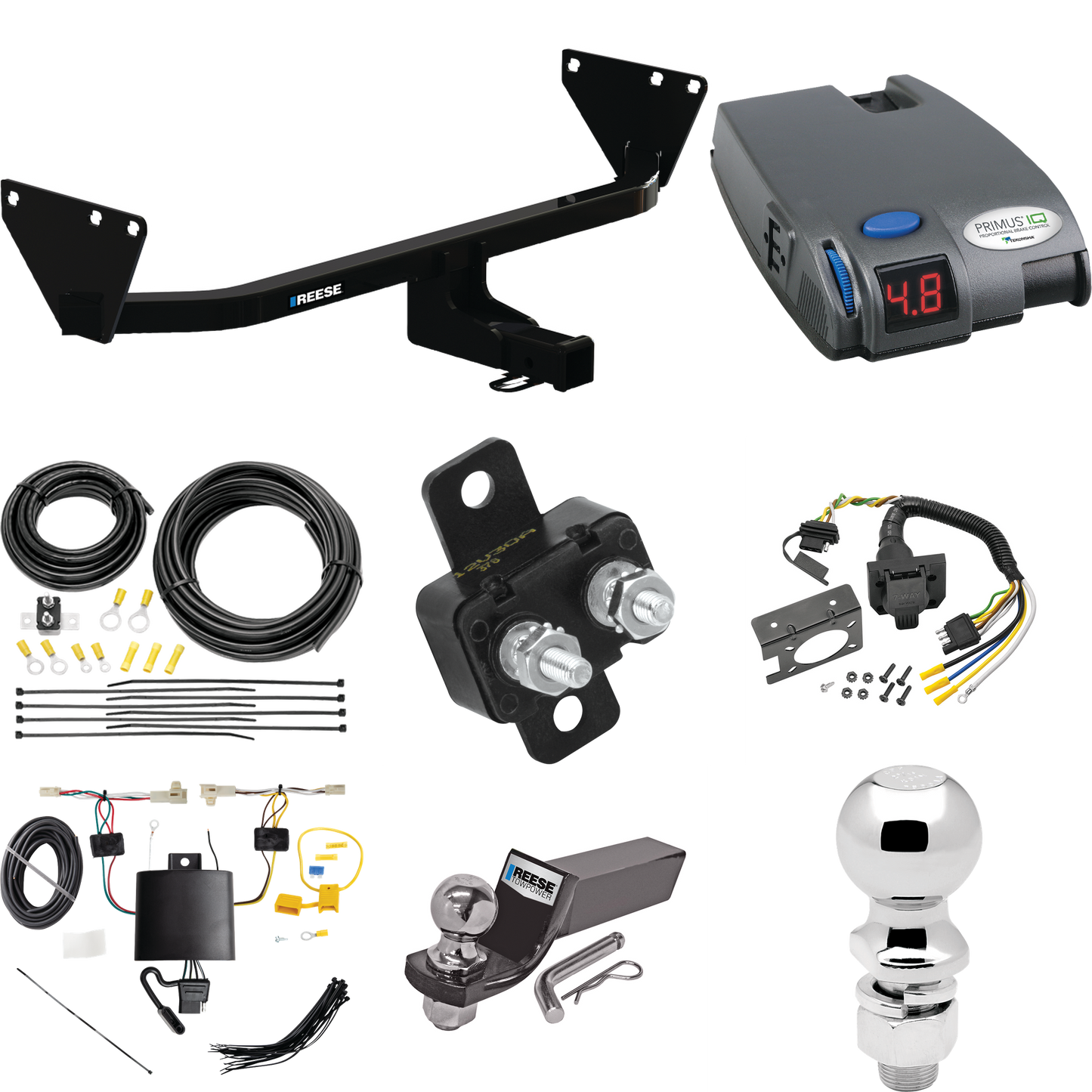 Se adapta al paquete de enganche de remolque Mitsubishi Outlander 2022-2023 con control de freno Tekonsha Primus IQ + cableado RV de 7 vías + soporte de bola y caída de 2" y 2-5/16" de Reese Towpower