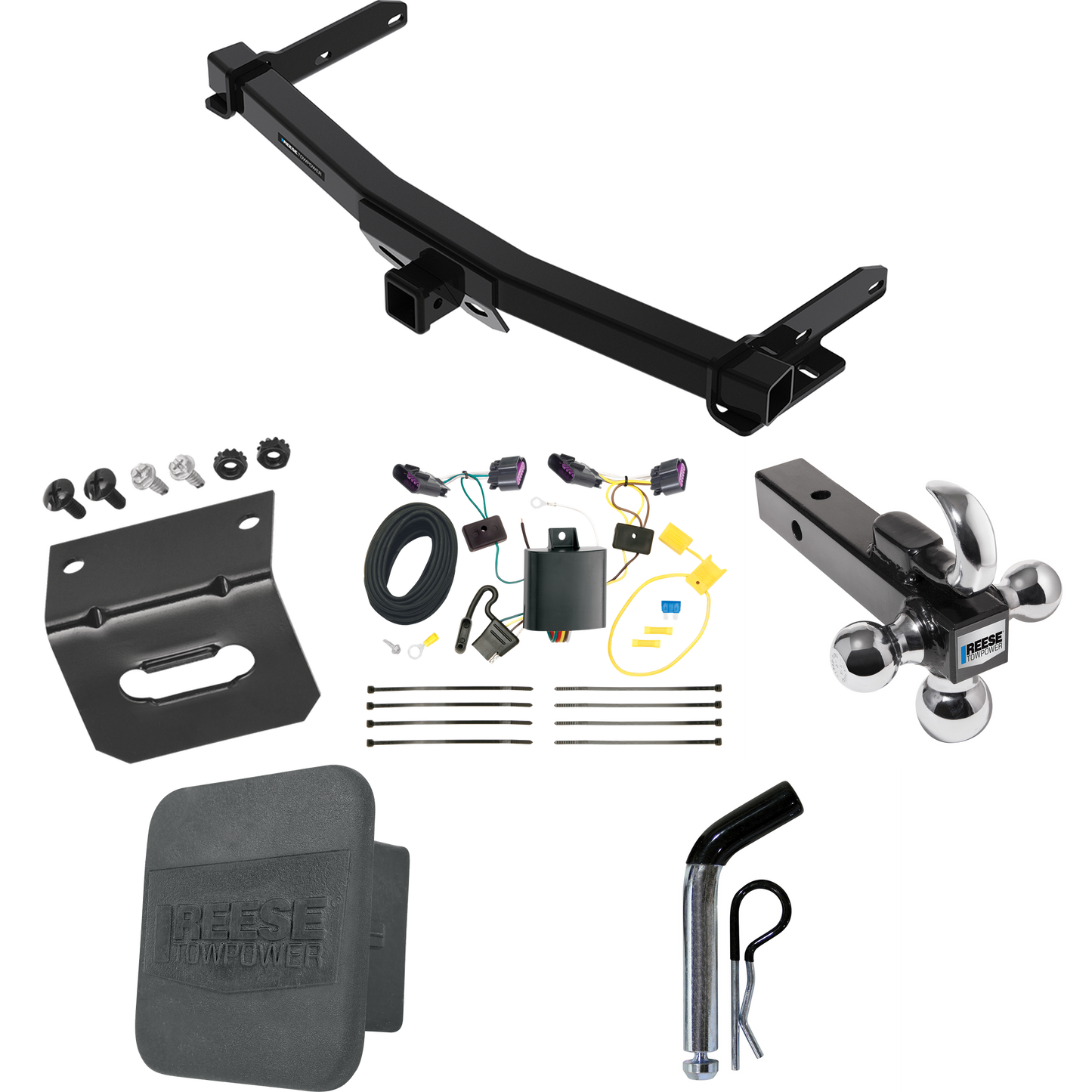 Fits 2014-2023 Dodge Durango Trailer Hitch Tow PKG w/ 4-Flat Wiring + Triple Ball Ball Mount 1-7/8" & 2" & 2-5/16" Trailer Balls w/ Tow Hook + Pin/Clip + Wiring Bracket + Hitch Cover By Reese Towpower