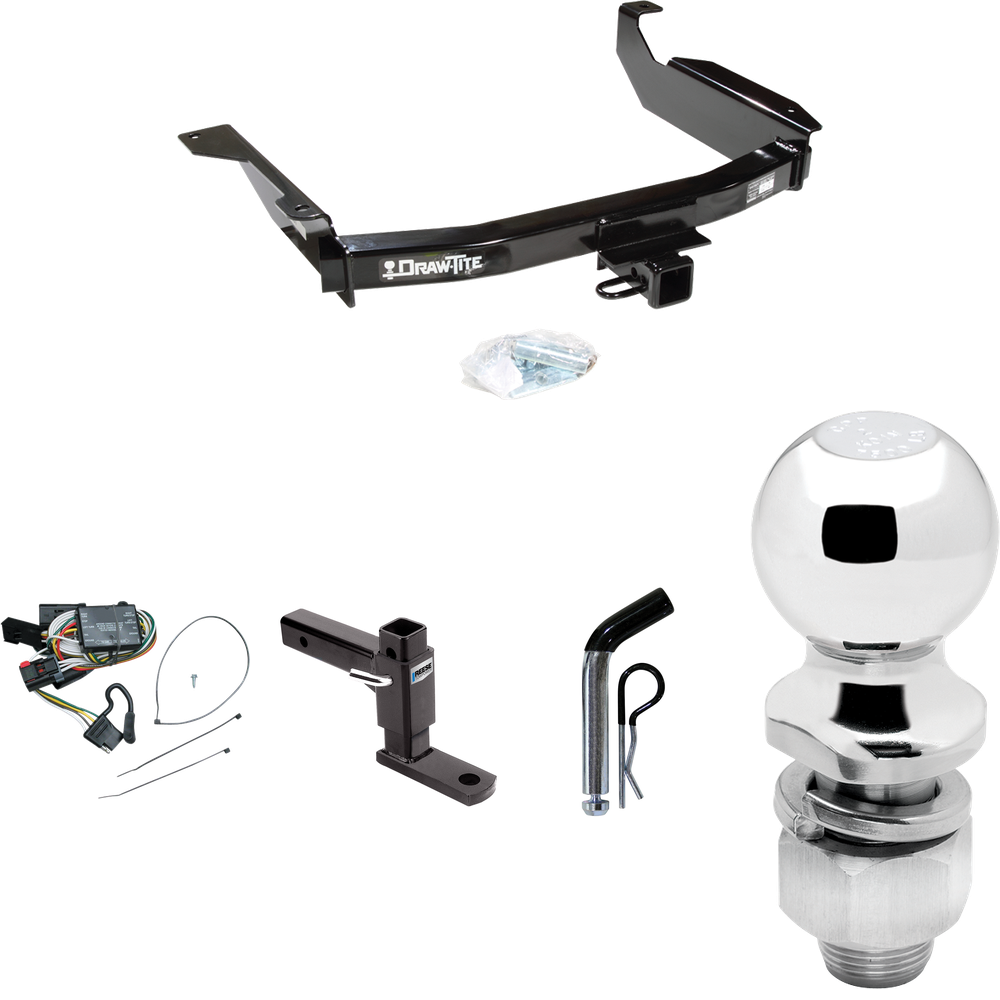 Fits 1998-2003 Dodge Durango Trailer Hitch Tow PKG w/ 4-Flat Wiring Harness + Adjustable Drop Rise Ball Mount + Pin/Clip + 2" Ball By Draw-Tite