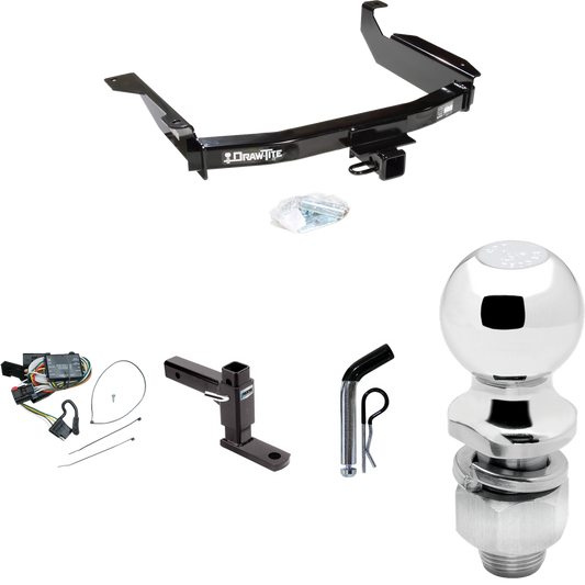 Fits 1998-2003 Dodge Durango Trailer Hitch Tow PKG w/ 4-Flat Wiring Harness + Adjustable Drop Rise Ball Mount + Pin/Clip + 2" Ball By Draw-Tite