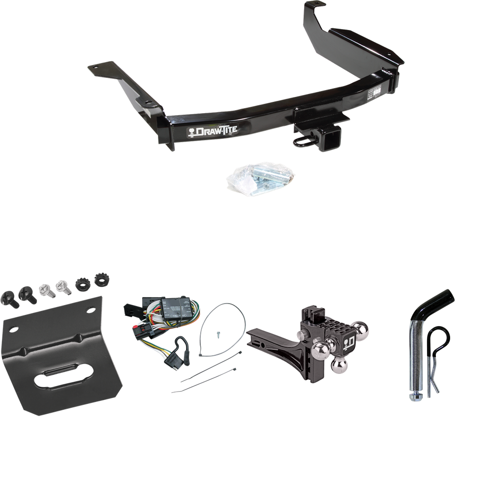 Fits 1998-2003 Dodge Durango Trailer Hitch Tow PKG w/ 4-Flat Wiring Harness + Adjustable Drop Rise Triple Ball Ball Mount 1-7/8" & 2" & 2-5/16" Trailer Balls + Pin/Clip + Wiring Bracket By Draw-Tite