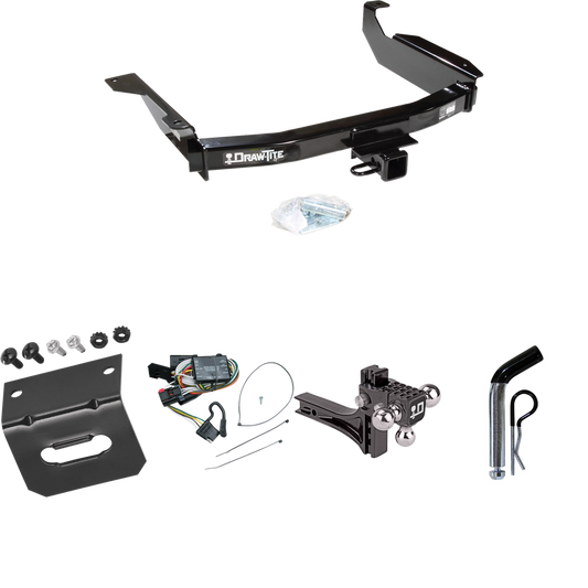 Fits 1998-2003 Dodge Durango Trailer Hitch Tow PKG w/ 4-Flat Wiring Harness + Adjustable Drop Rise Triple Ball Ball Mount 1-7/8" & 2" & 2-5/16" Trailer Balls + Pin/Clip + Wiring Bracket By Draw-Tite