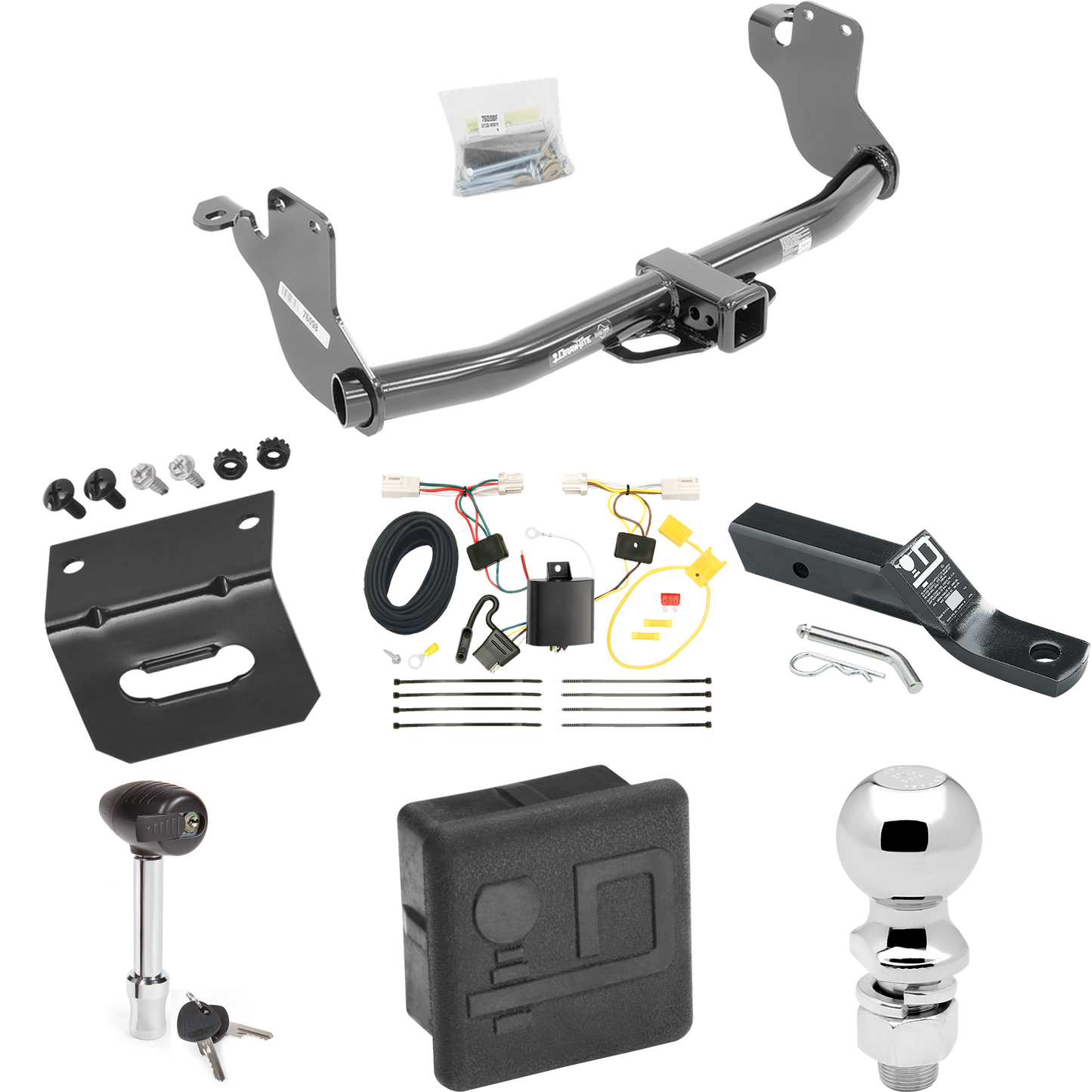 Fits 2011-2019 Mitsubishi Outlander Sport Trailer Hitch Tow PKG w/ 4-Flat Wiring + Ball Mount w/ 2" Drop + 2-5/16" Ball + Wiring Bracket + Hitch Lock + Hitch Cover By Draw-Tite