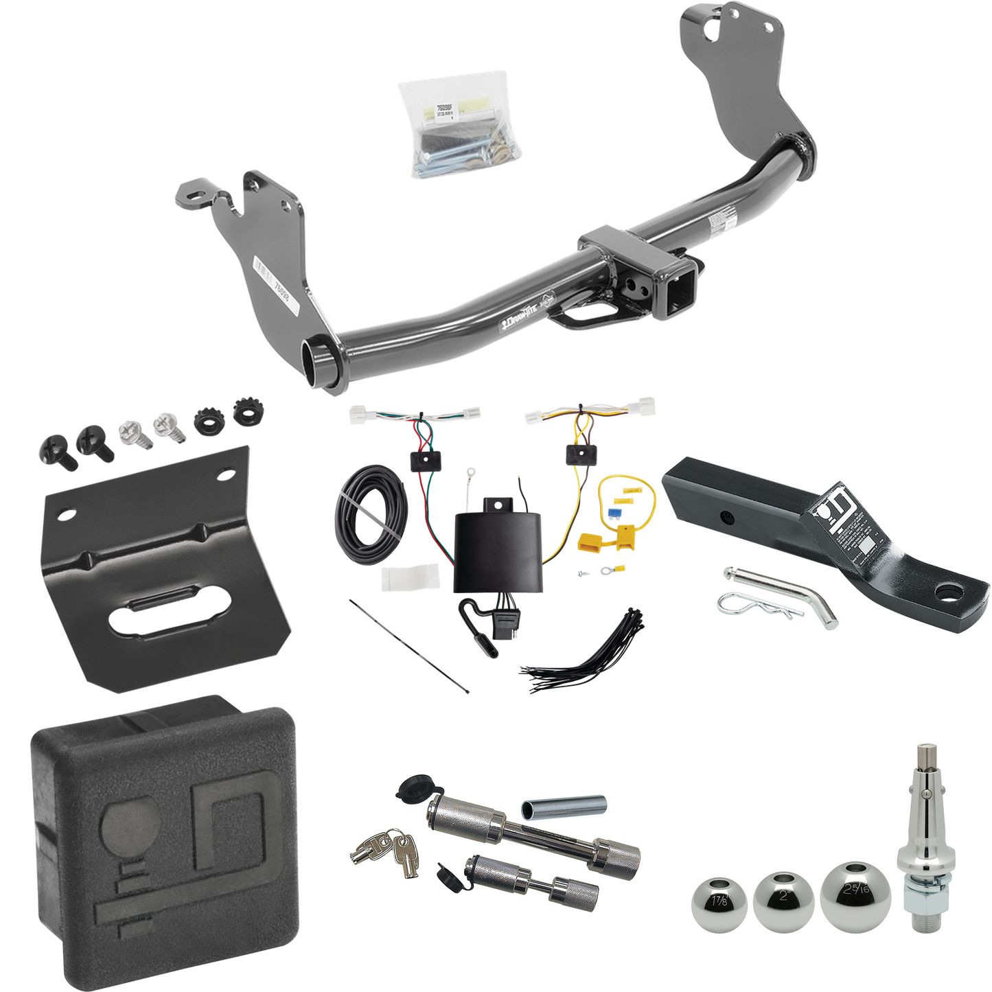 Fits 2020-2023 Mitsubishi Outlander Sport Trailer Hitch Tow PKG w/ 4-Flat Wiring + Ball Mount w/ 2" Drop + Interchangeable Ball 1-7/8" & 2" & 2-5/16" + Wiring Bracket + Dual Hitch & Coupler Locks + Hitch Cover By Draw-Tite